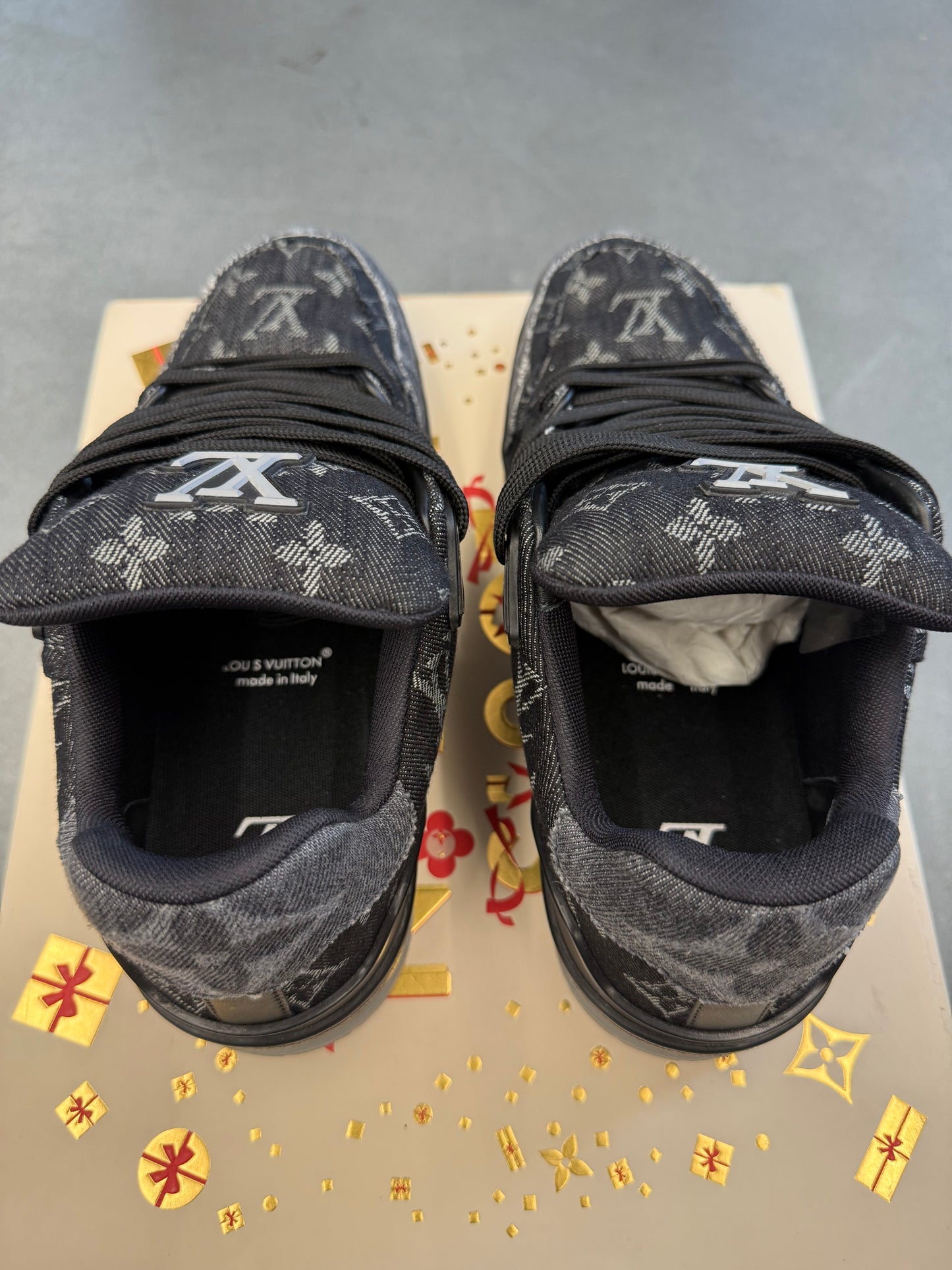 LV SIZE 6 (US 7.5-8) LOUIS VUITTON BLACK DENIM TRAINER SNEAKER (PRE-OWNED WITH BOX)