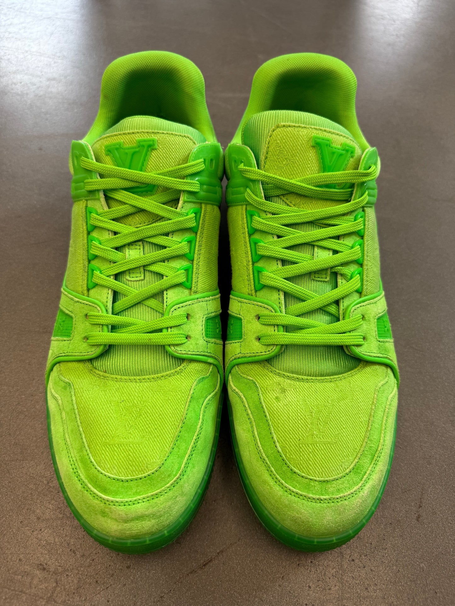 SIZE 10 LOUIS VUITTON LV TRAINER SNEAKER - FLUROESCENT GREEN (PRE-OWNED NO BOX)