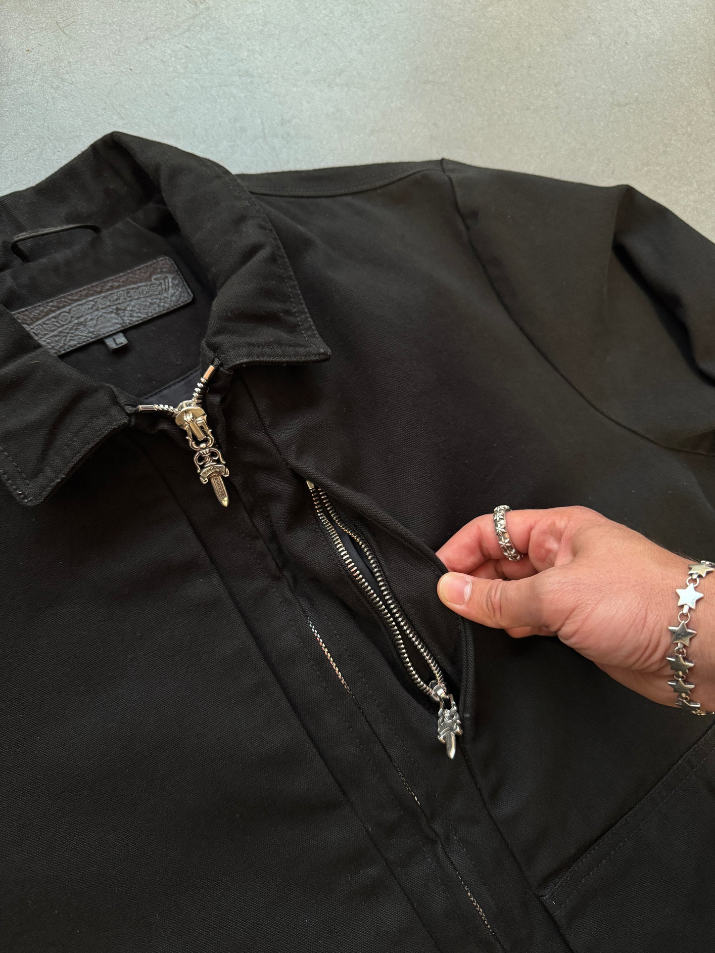 CHROME HEARTS "STREET MEAT" 100% COTTON CANVAS BLACK ZIP-UP JACKET (L)