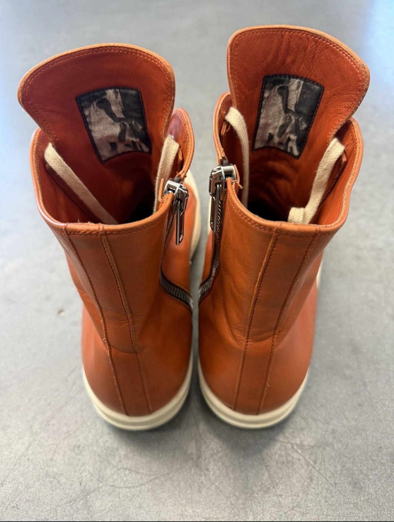 SIZE 45 RICK OWENS ORANGE RAMONE MAINLINE ORANGE LEATHER HIGH TOP (PRE-OWNED, NO BOX)