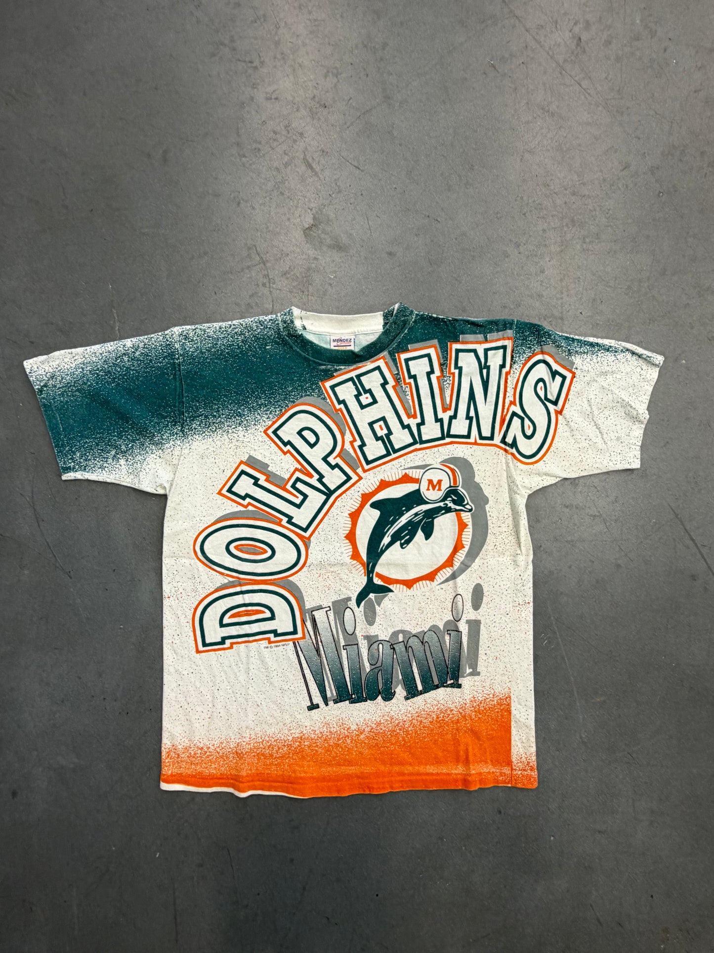 1994 NFLP MIAMI DOLPHINS ARCH LOGO ALL OVER PRINT AOP TEE (MENDEZ TAG)