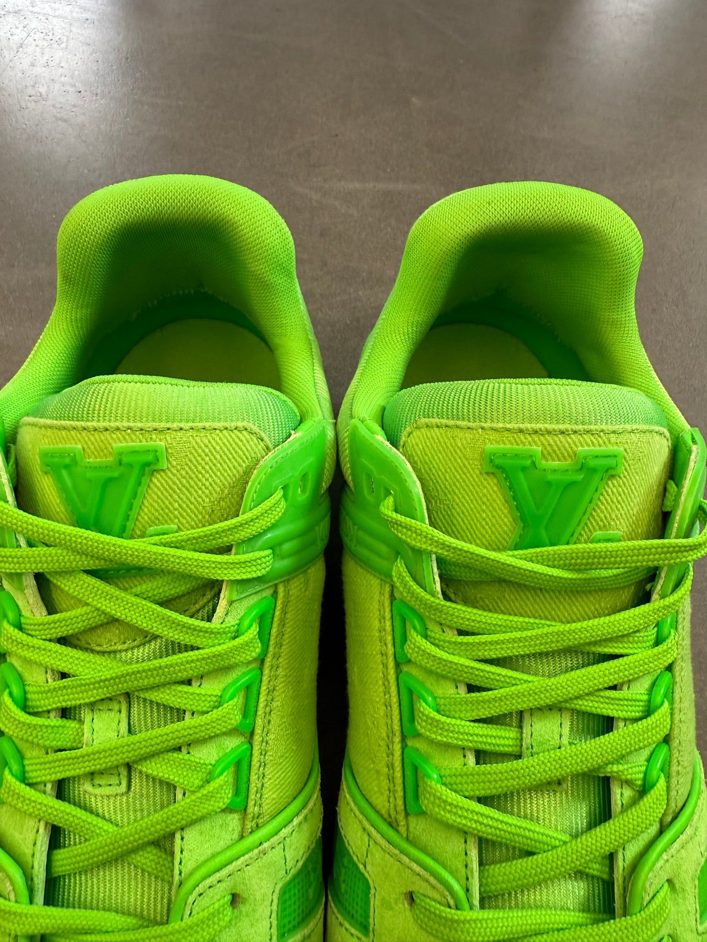 SIZE 10 LOUIS VUITTON LV TRAINER SNEAKER - FLUROESCENT GREEN (PRE-OWNED NO BOX)