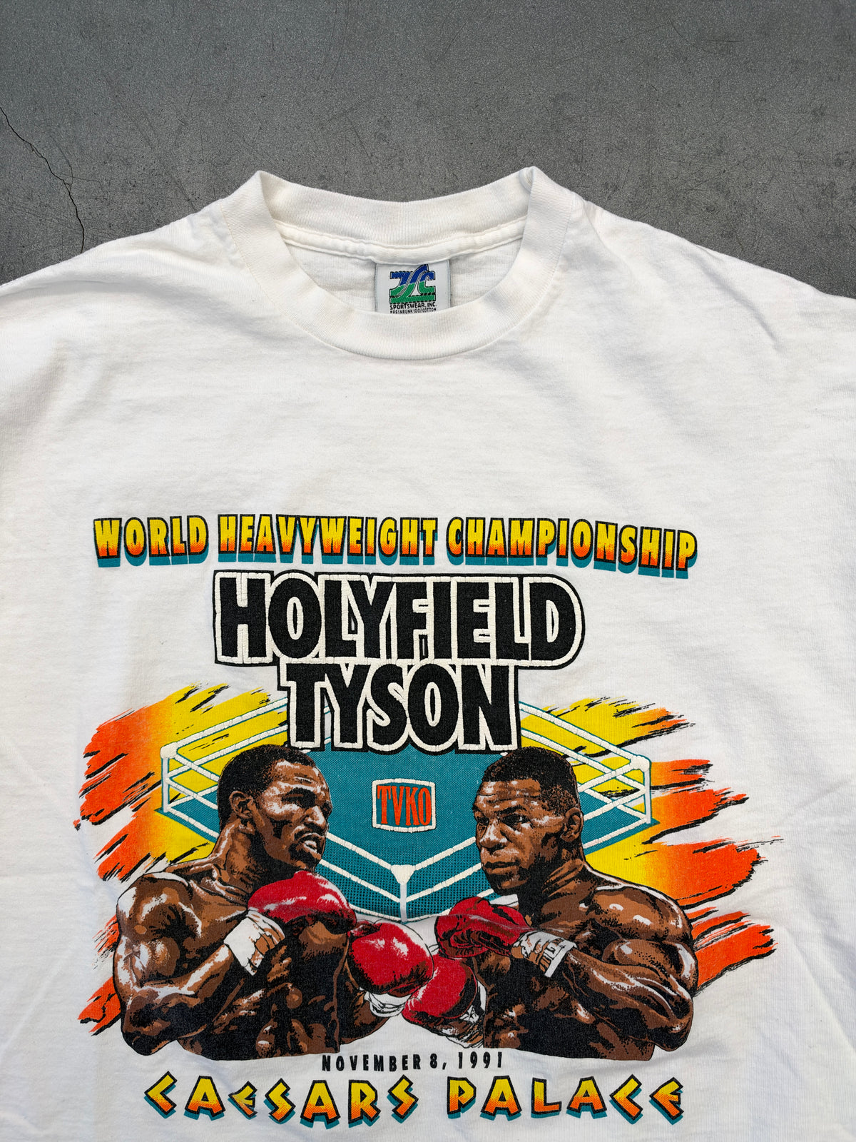 1991 HOLYFIELD TYSON WORLD HEAVYWEIGHT CHAMPIONSHIP CAESARS PALACE PUFF PRINT TEE (TLC TAG)