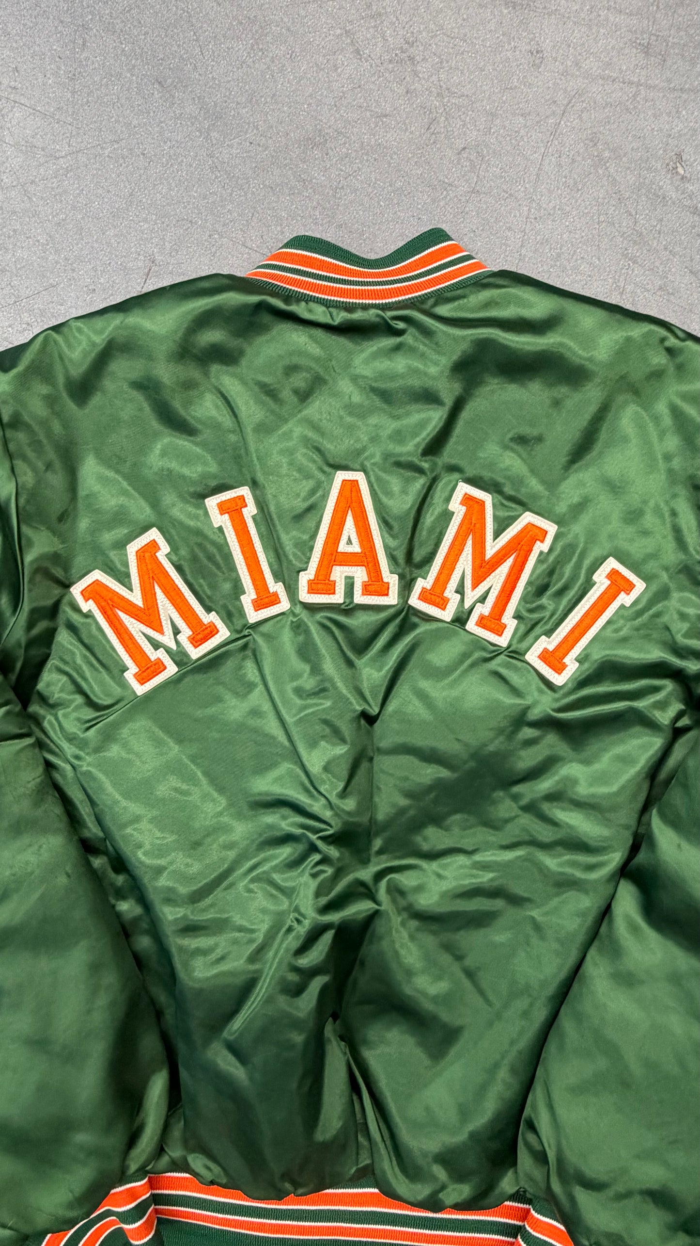 90S UNIVERSITY OF MIAMI HURRICANES SATIN JACKET (LOCKER LINE TAG)