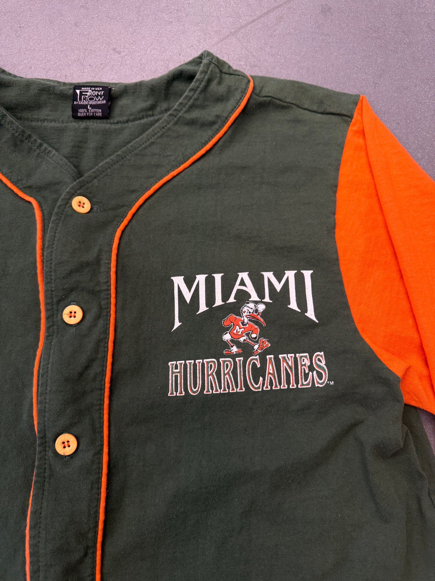 90S MIAMI HURRICANES BUTTON UP COTTON BASEBALL JERSEY (FRONT ROW TAG)
