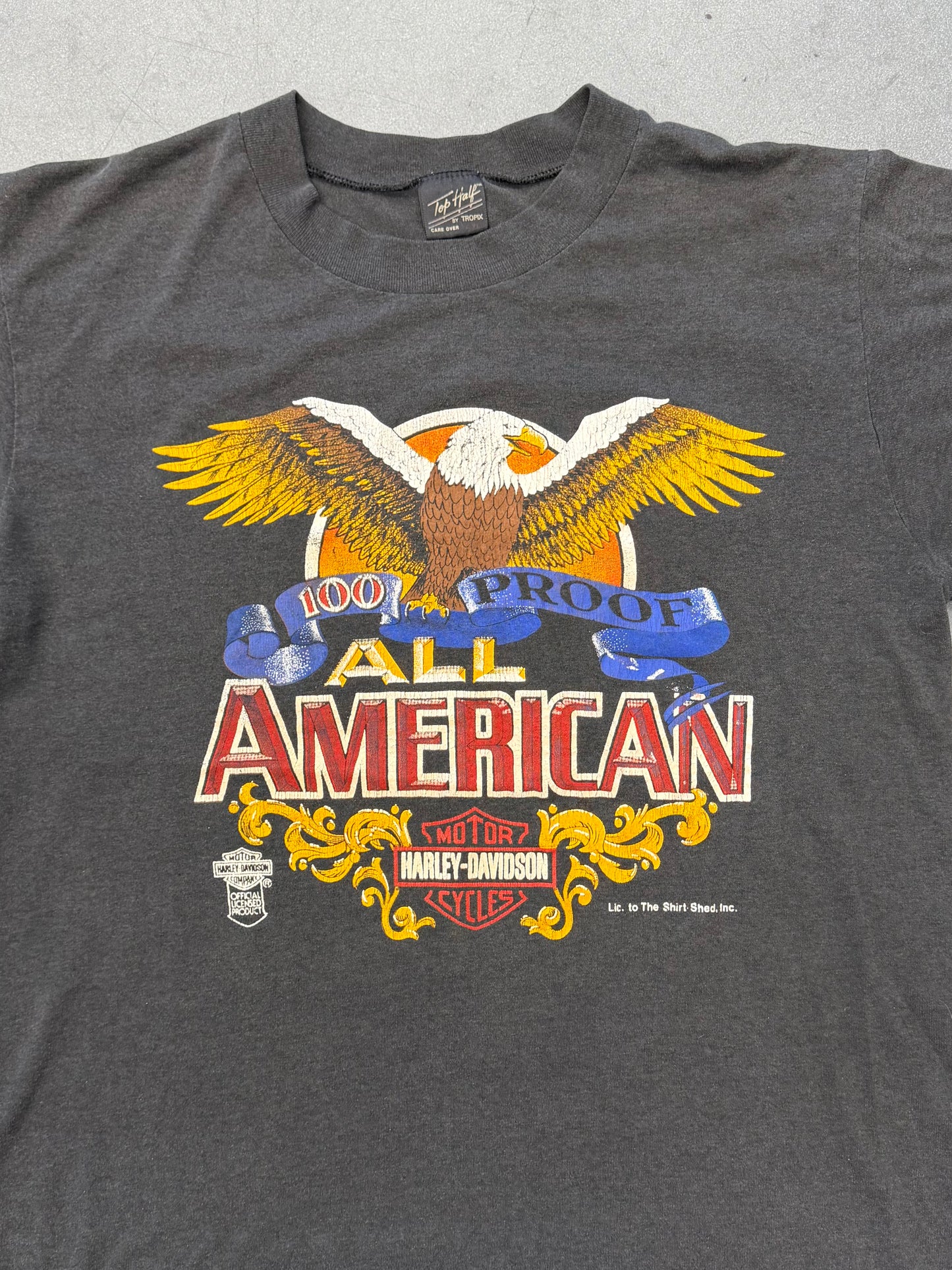 1980S HARLEY-DAVIDSON 100 PROOF ALL AMERICAN TEE (TOP HALF TAG)