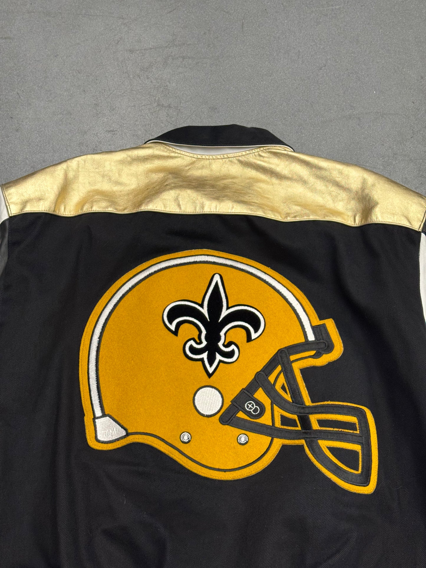 80S JEFF HAMILTON NEW ORLEANS SAINTS BUTTON UP LEATHER SLEEVE VARSITY JACKET
