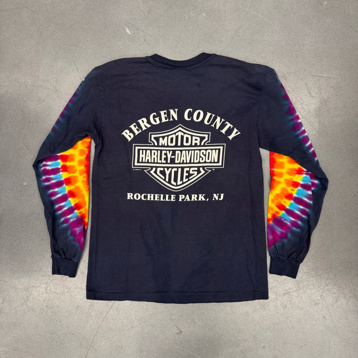 1998 HARLEY-DAVIDSON MOTORCYCLES BERGEN COUNTY TIE-DYE LONG SLEEVE TEE