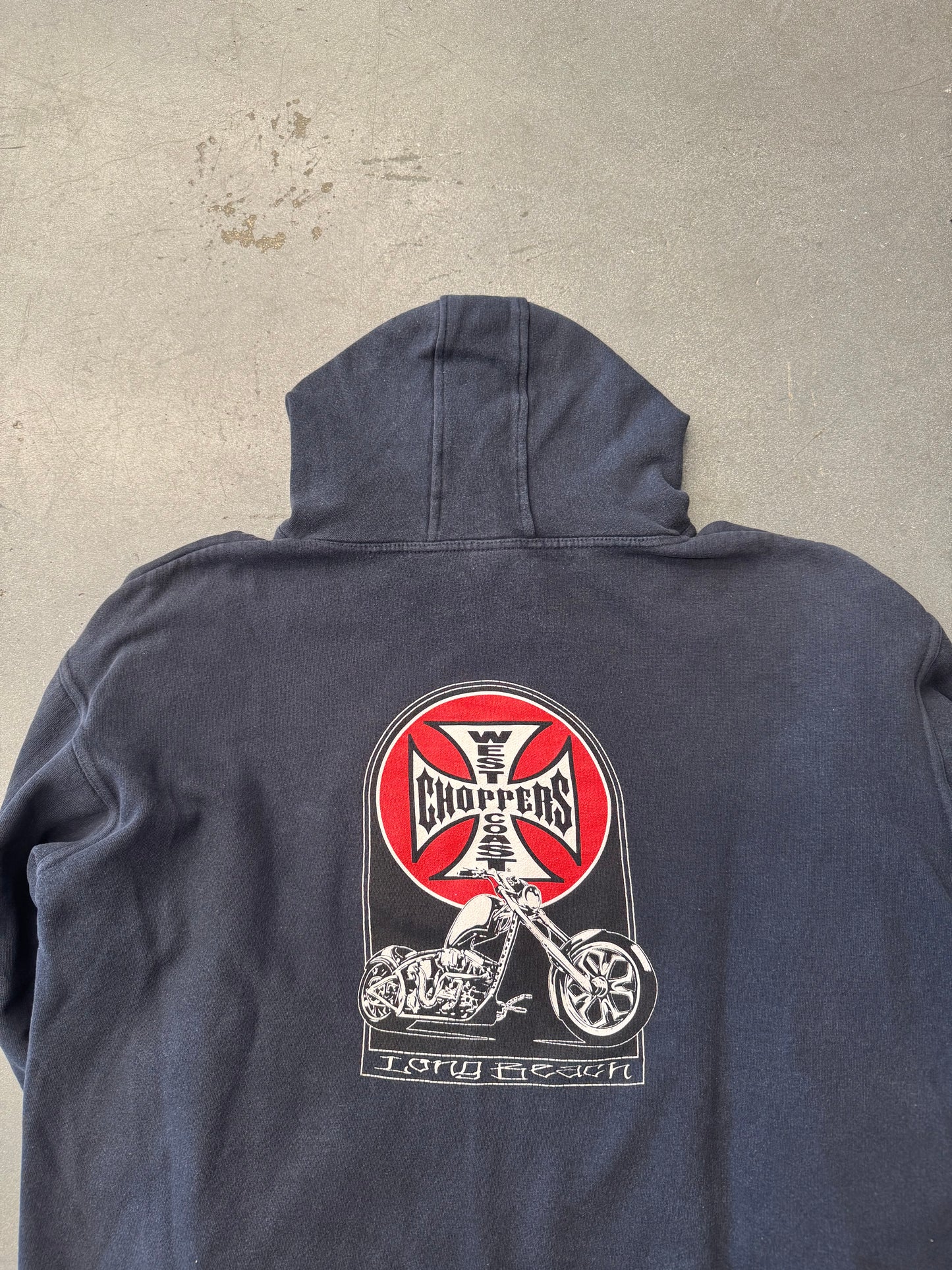 90S WEST COAST CHOPPERS LONG BEACH IRON CROSS CIRCLE LOGO PULLOVER HOODIE (IRON CROSS CIRCLE TAG)