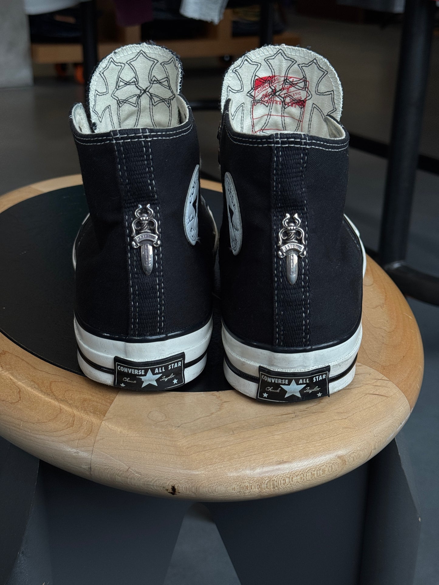 SIZE 10 CHROME HEARTS LEATHER CROSS PATCH CONVERSE BLACK ALL-STAR HIGH (PRE-OWNED NO BOX)