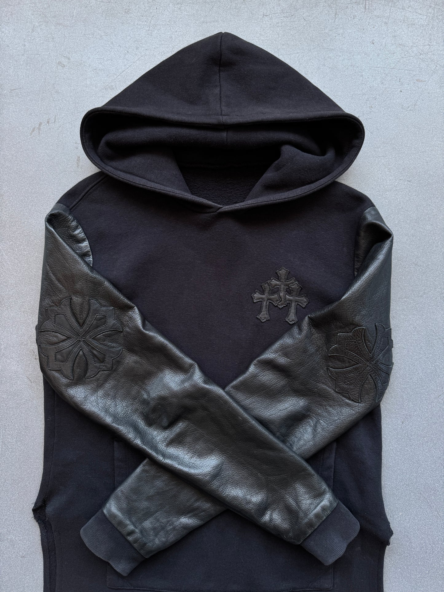 CHROME HEARTS LEATHER SLEEVE Y NOT HOODIE - BLACK