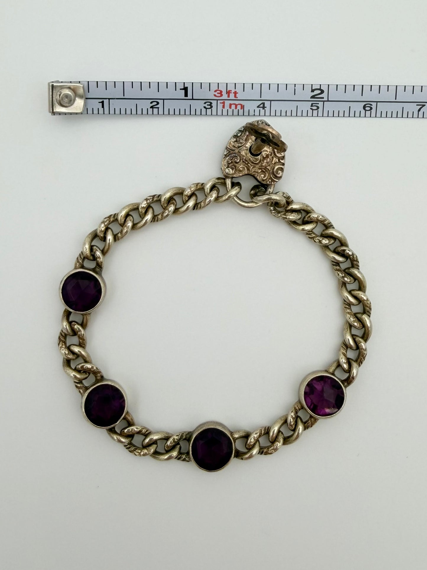 1800S VICTORIAN ERA PURPLE AMETHYST HEART LOCK WITH KEY SILVER BRACELET (13.5 GRAMS)