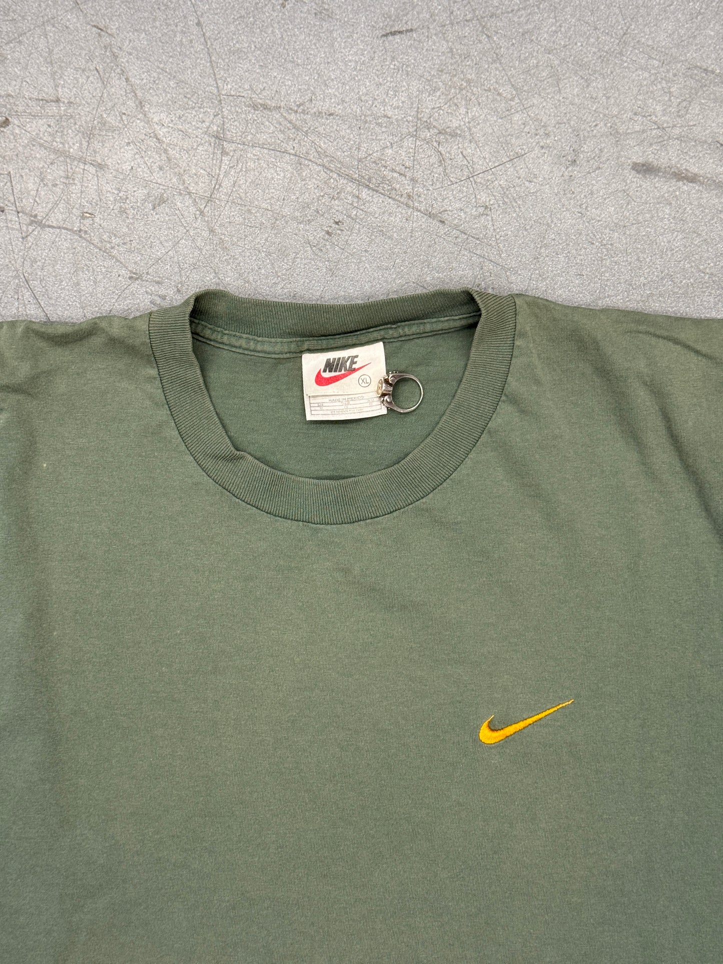 90S NIKE FOREST GREEN TONAL EMBROIDERED SWOOSH DISTRESSED CREWNECK SWEATER (WHITE/BLACK/RED TAG)