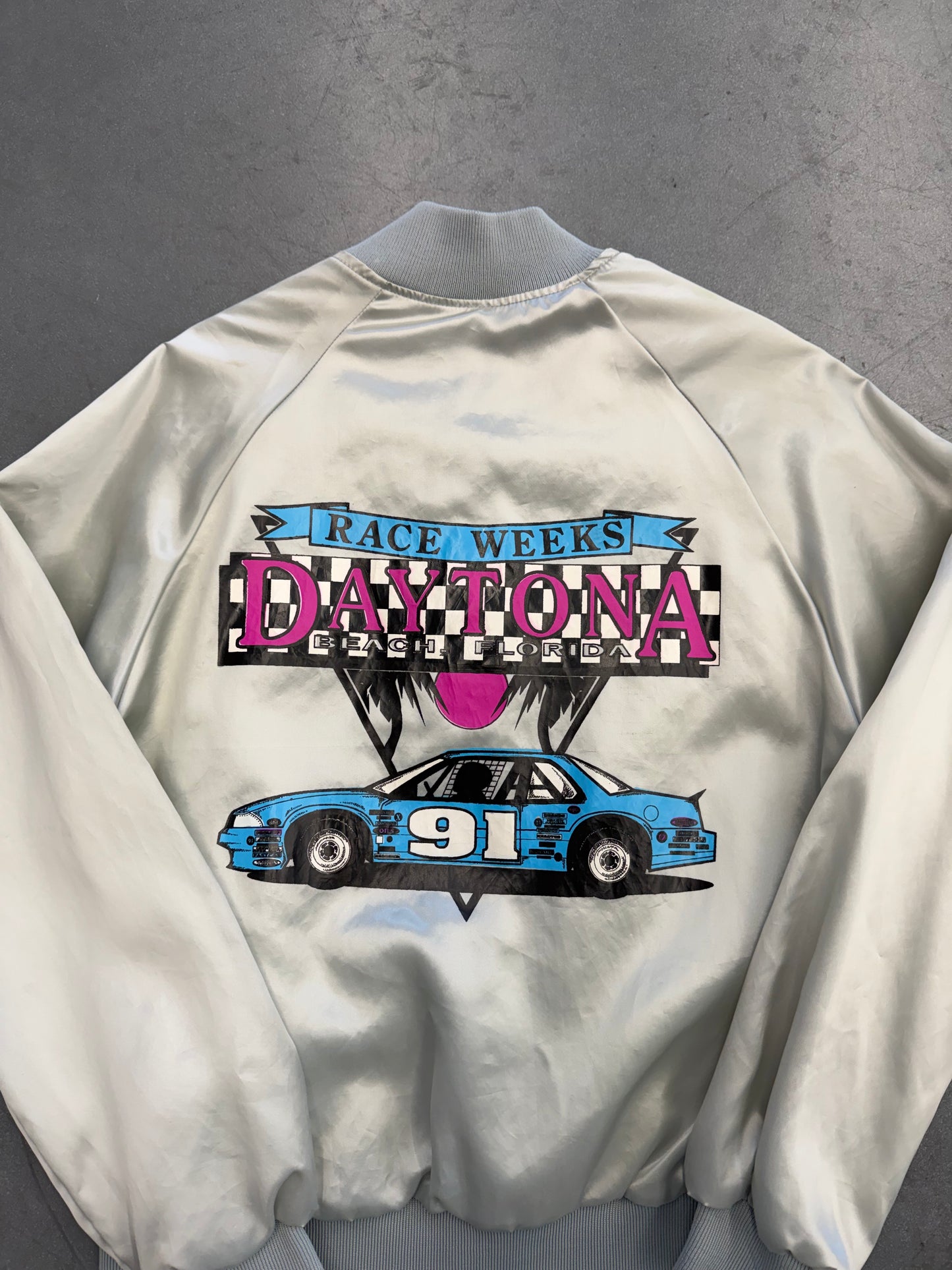 1991 RACE WEEK DAYTONA BEACH FLORIDA GREY SATIN SNAP VARSITY JACKET