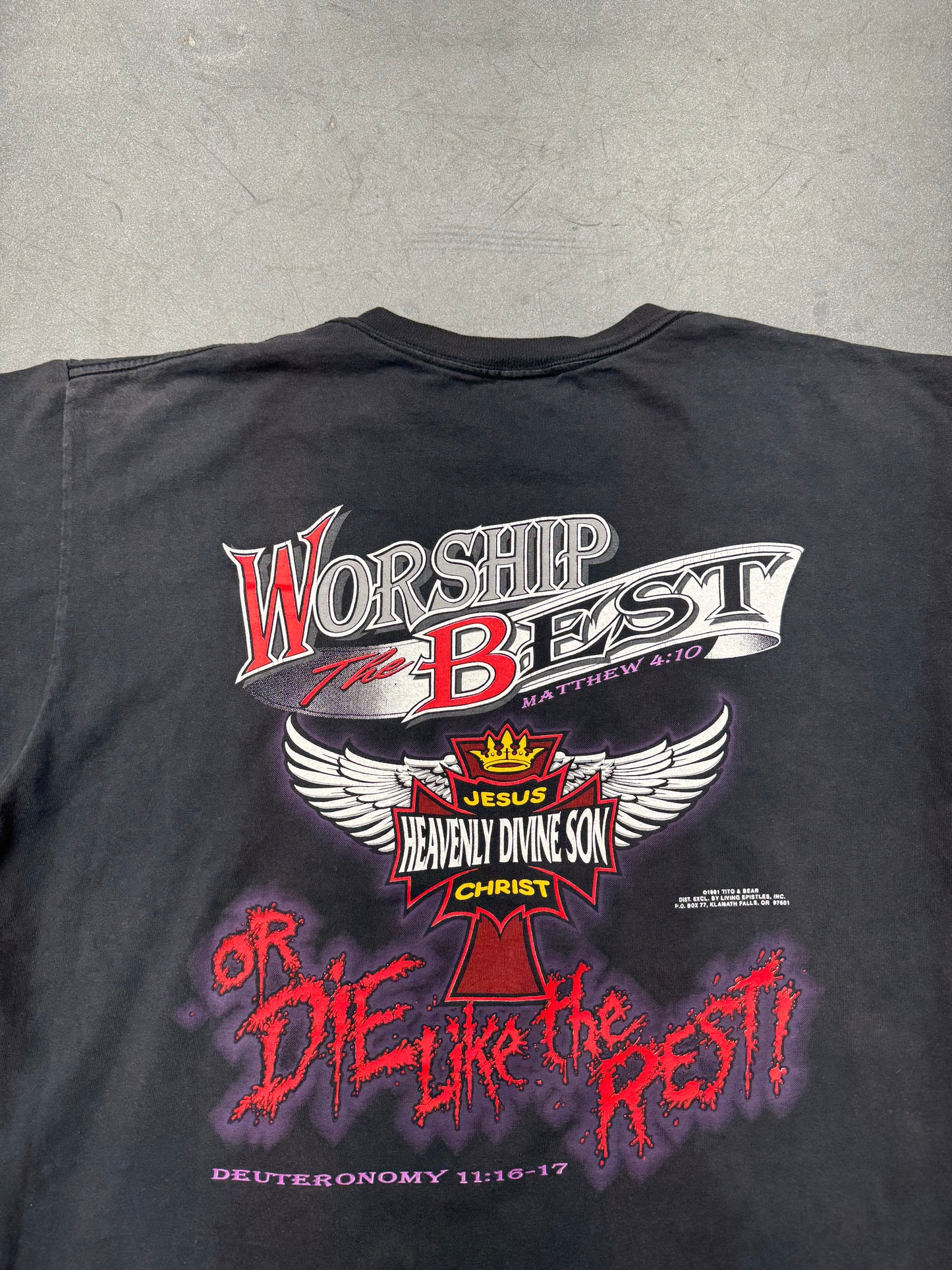 1991 JESUS HEAVENLY DIVINE " BORN TO DIE" WORSHIP THE BEST TEE (DELTA TAG)