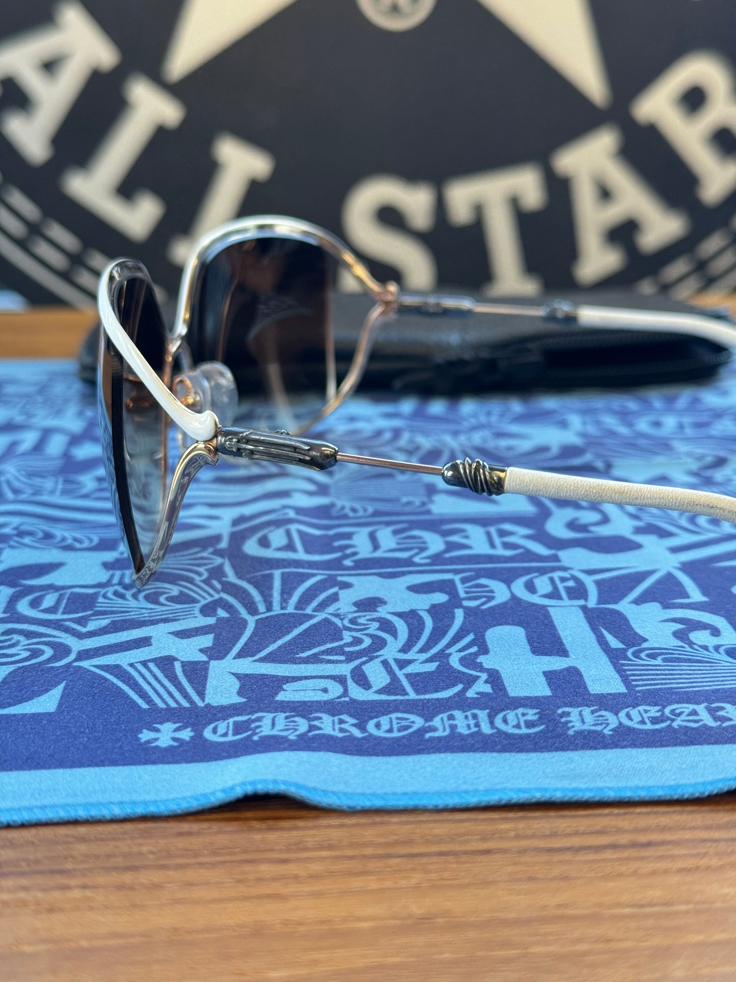 CHROME HEARTS BUTTFLUX SUNGLASSES (SILVER + LEATHER HANDLES)