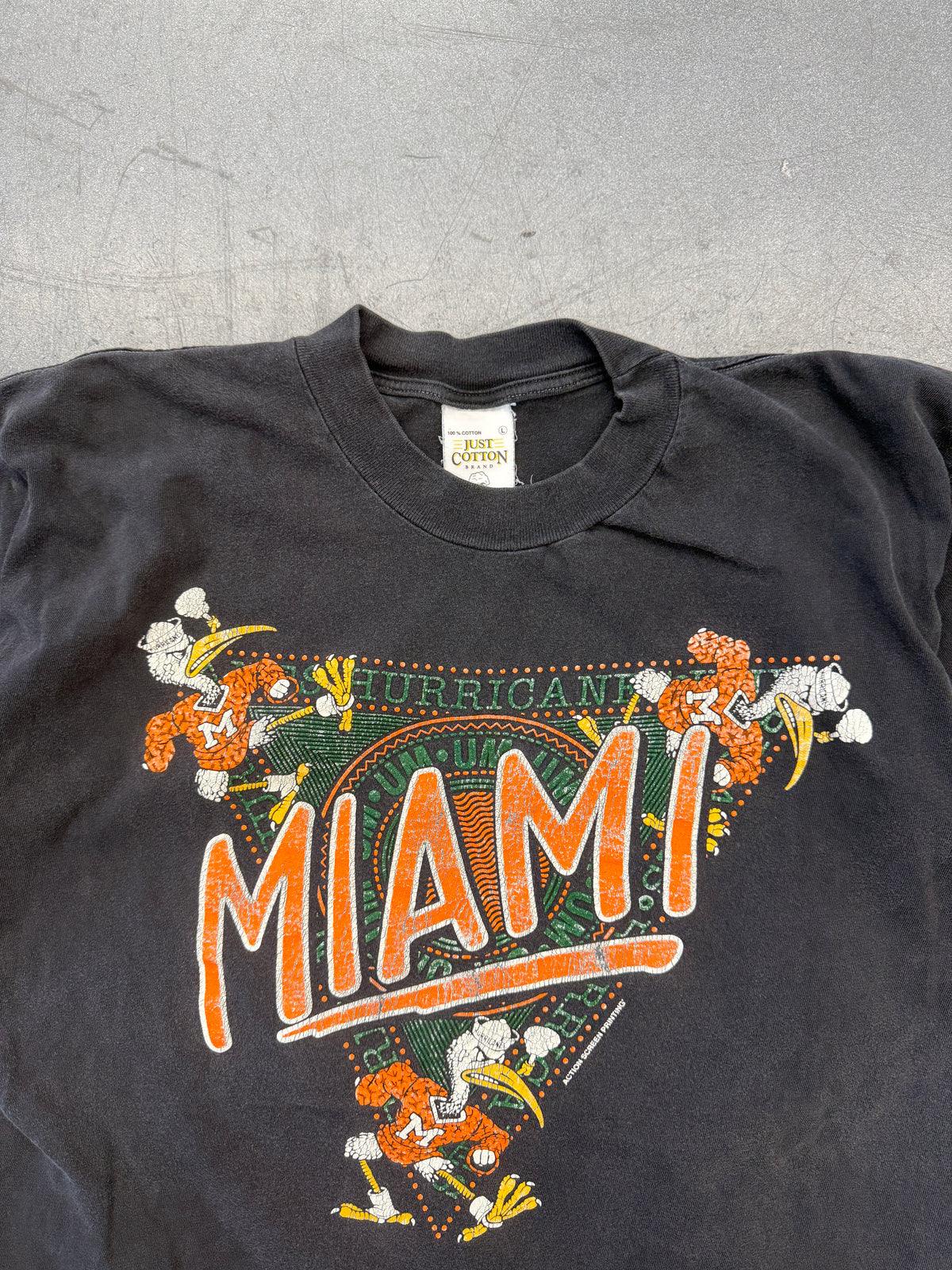 90S MIAMI HURRICANES UPSIDE-DOWN TRIANGLE LOGO TEE (JUST COTTON TAG)