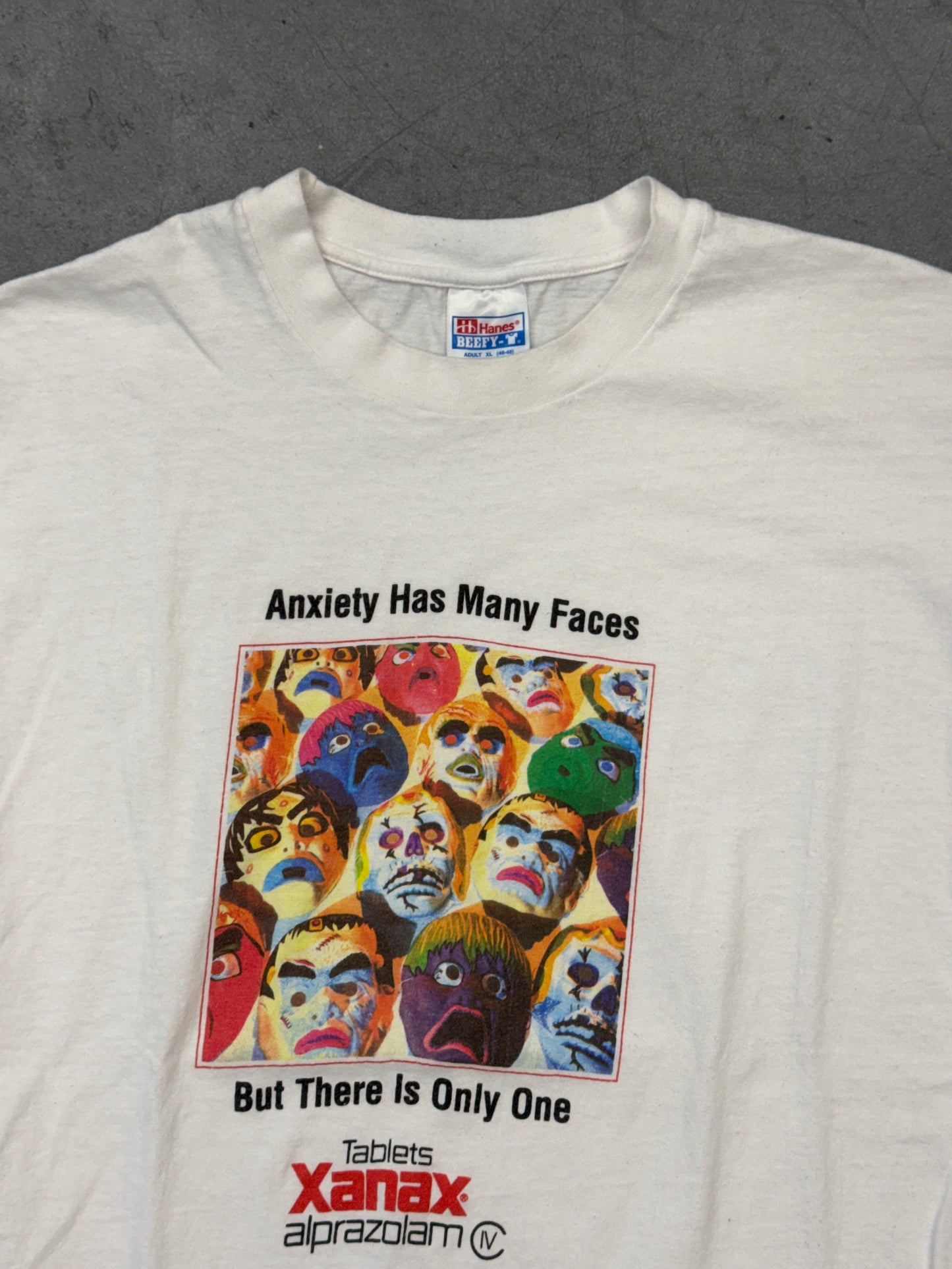 90'S XANAX ALPRAZOLAM "ANXIETY HAS MANY FACES BUT THERE IS ONLY ONE" TEE (HANES BEEFY-T TAG)