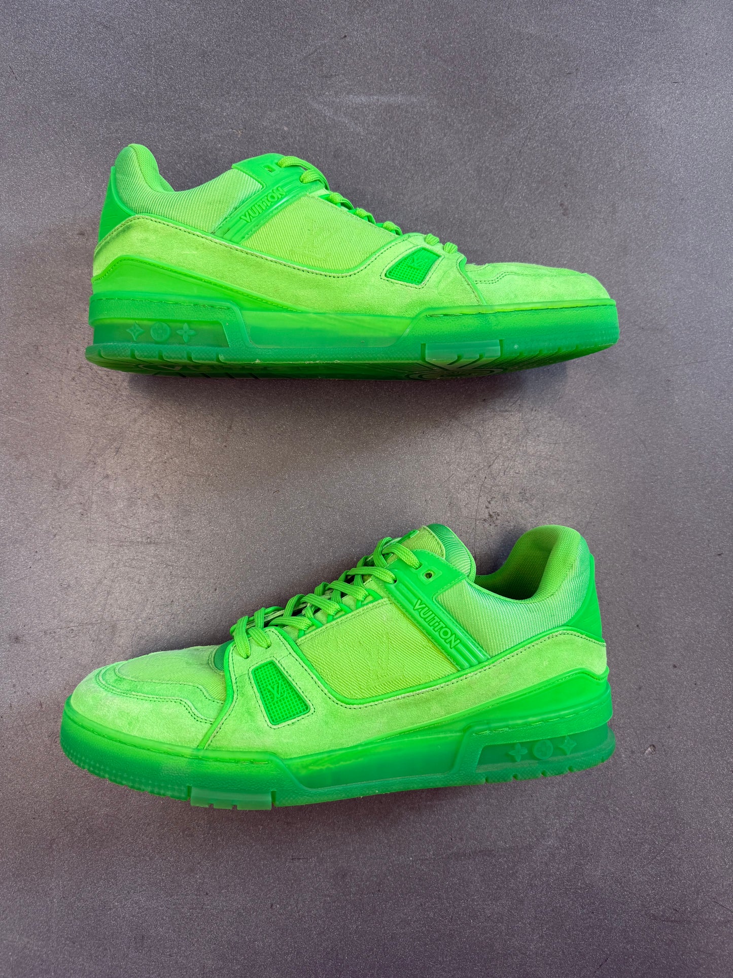 SIZE 10 LOUIS VUITTON LV TRAINER SNEAKER - FLUROESCENT GREEN (PRE-OWNED NO BOX)