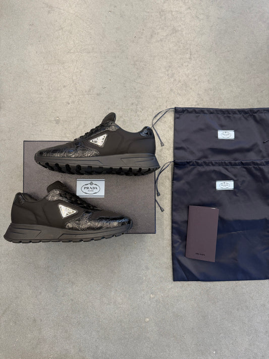 SIZE 8.5 PRADA BLACK CROC CALZATURE UOMO COCCO+NYLON GABARDINE 1 NERO (PRE-OWNED WITH BOX)