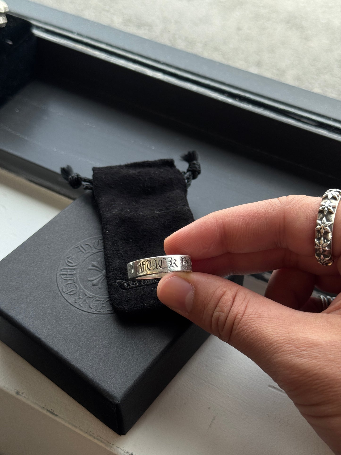 CHROME HEARTS DIAMOND FUCK YOU SPACER SILVER RING (SIZE 9) (10.5 GRAMS)