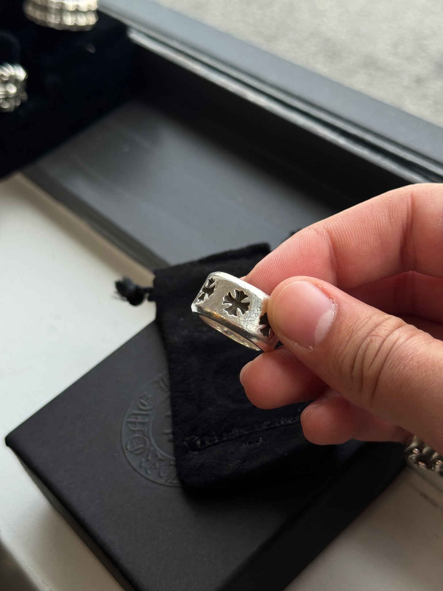 CHROME HEARTS NEGATIVE TINY PLUS THICK BAND SILVER RING (SIZE 6) (19.5 GRAMS)