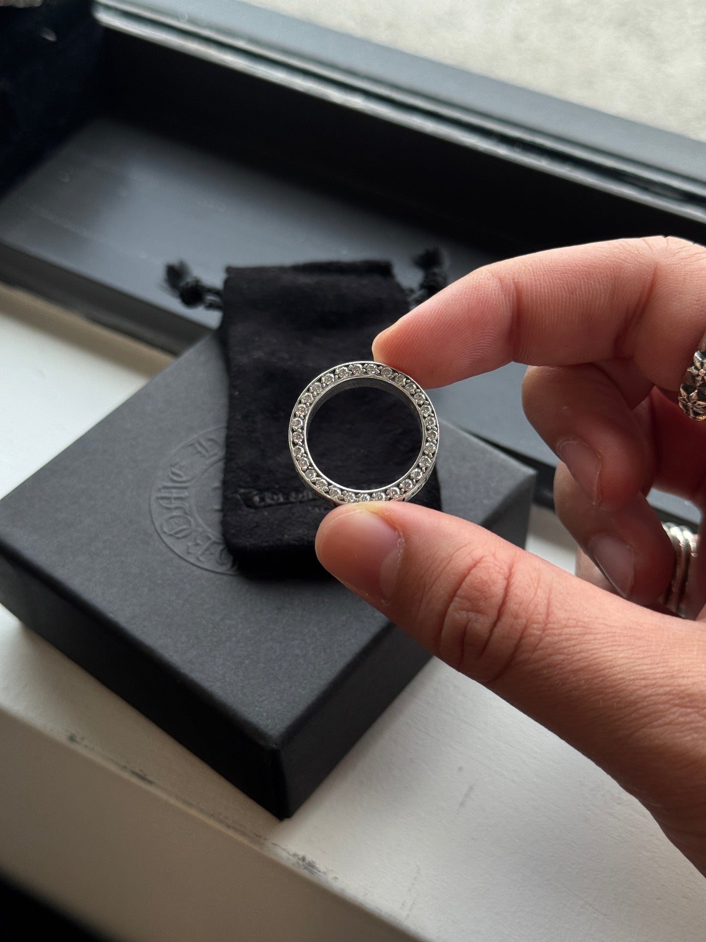 CHROME HEARTS DIAMOND FUCK YOU SPACER SILVER RING (SIZE 9) (10.5 GRAMS)
