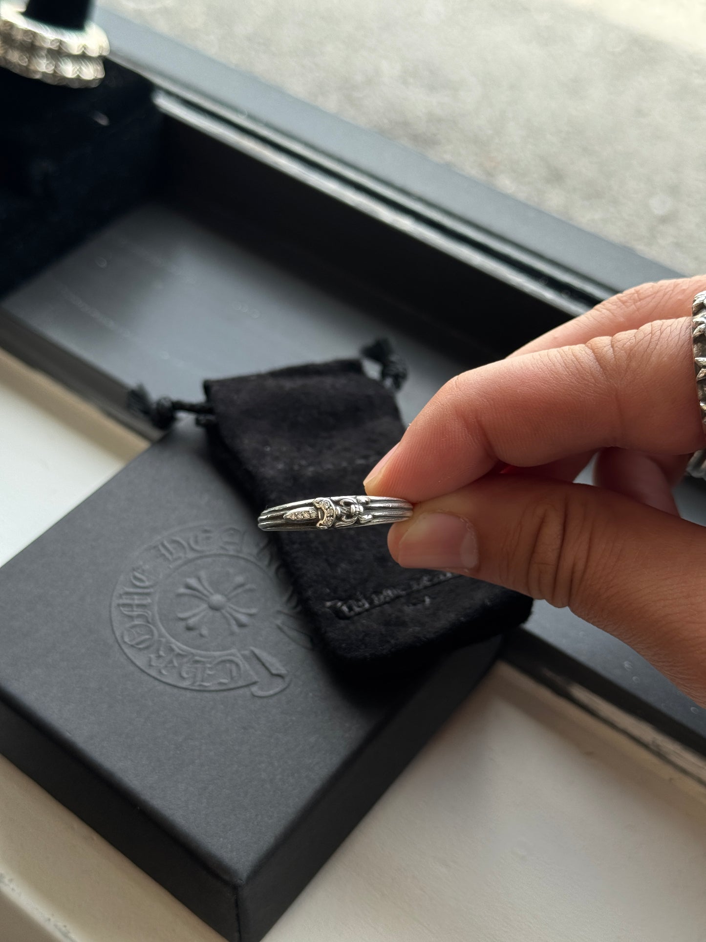 CHROME HEARTS DIAMOND BABY DAGGER SILVER RING (SIZE 12) (5.8 GRAMS)