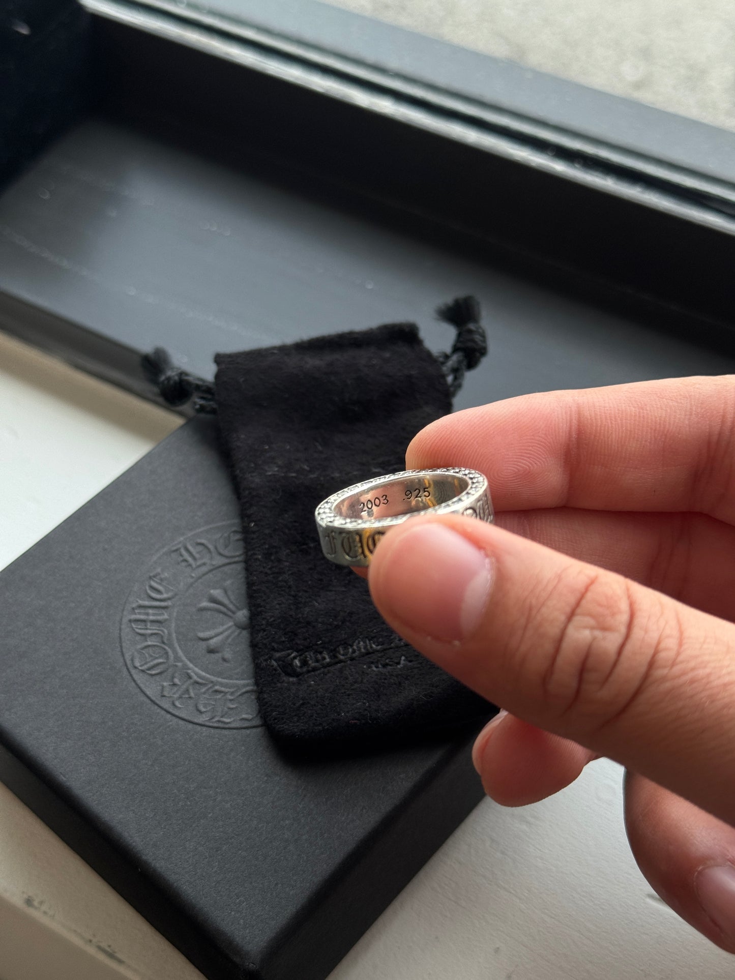 CHROME HEARTS DIAMOND FUCK YOU SPACER SILVER RING (SIZE 9) (10.5 GRAMS)