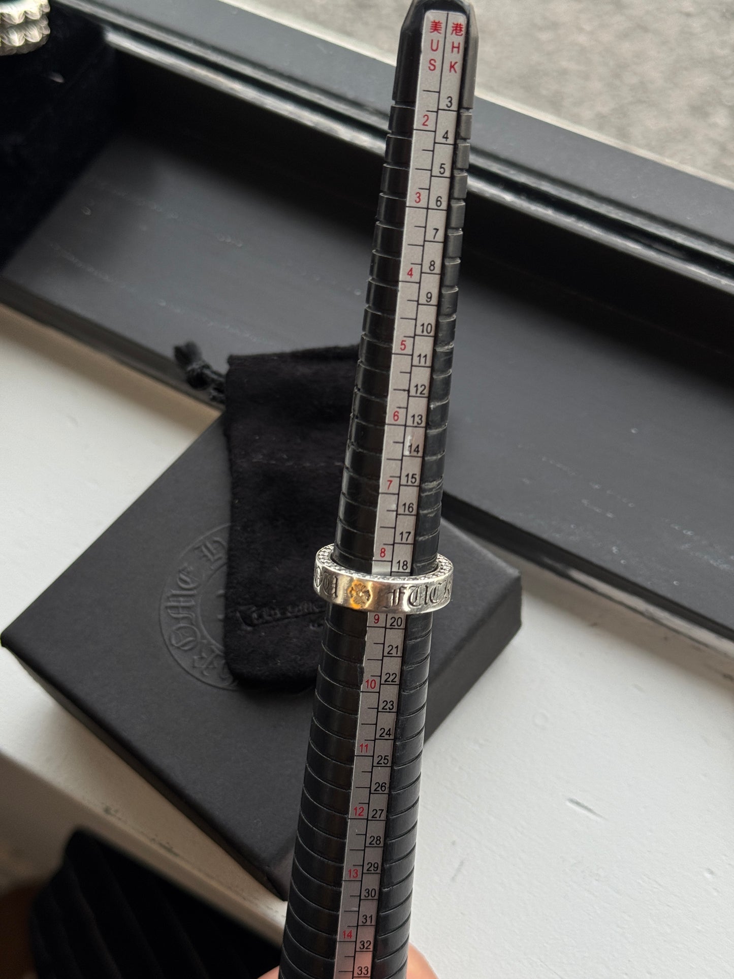 CHROME HEARTS DIAMOND FUCK YOU SPACER SILVER RING (SIZE 9) (10.5 GRAMS)
