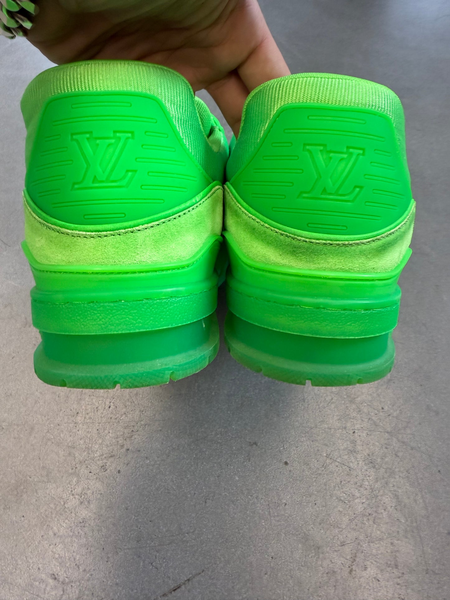 SIZE 10 LOUIS VUITTON LV TRAINER SNEAKER - FLUROESCENT GREEN (PRE-OWNED NO BOX)