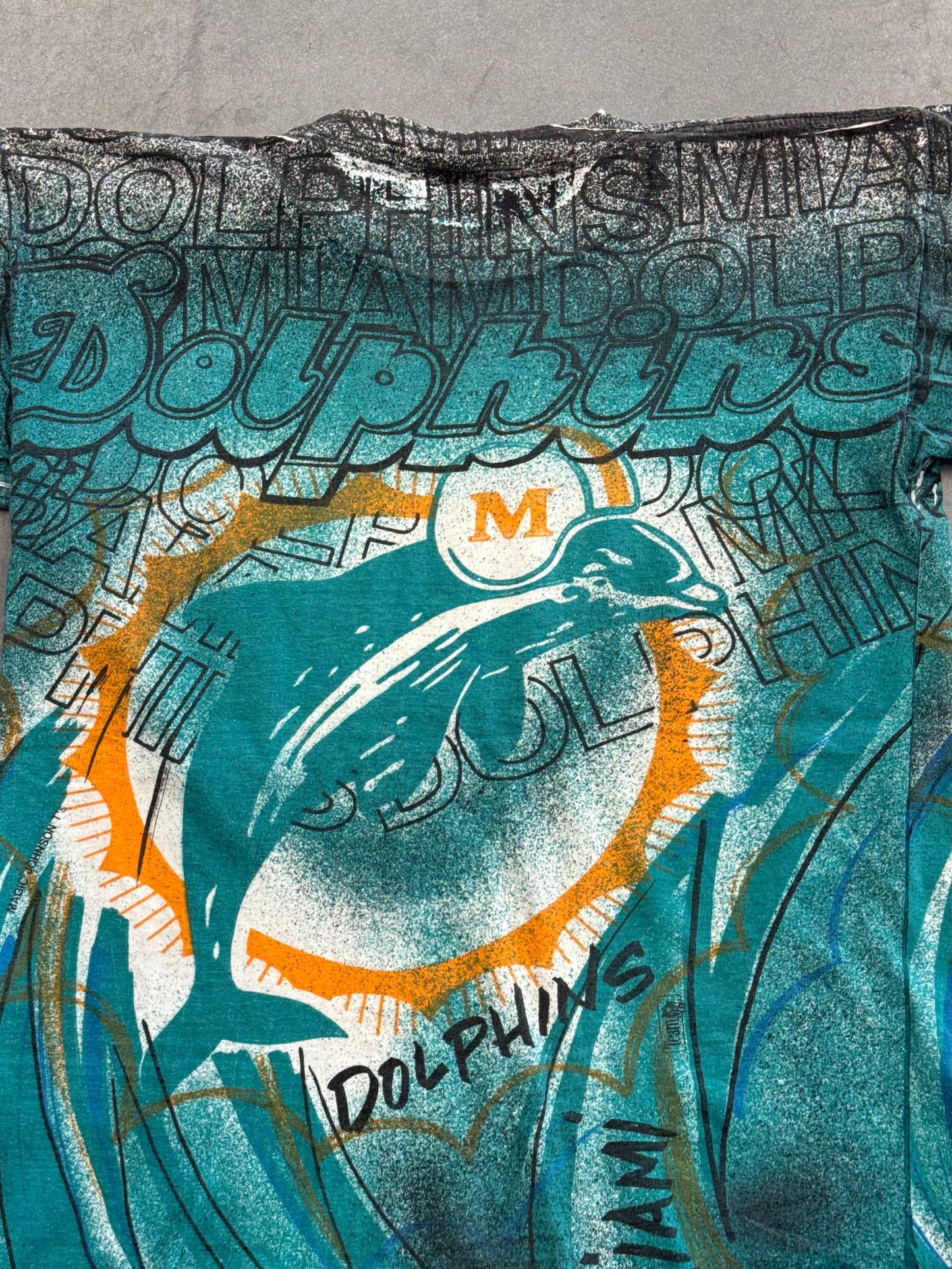 90S MIAMI DOLPHINS TEAM NFL MAGIC JOHNSON T'S AOP TEE (RITZ TAG)