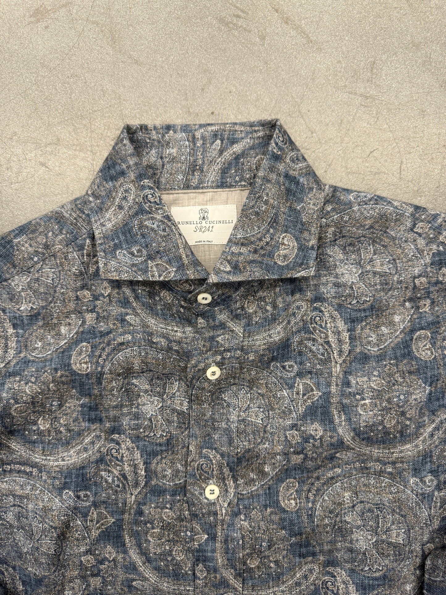 BRUNELLO CUCINELLI BLUE LINEN PAISLEY BUTTON UP