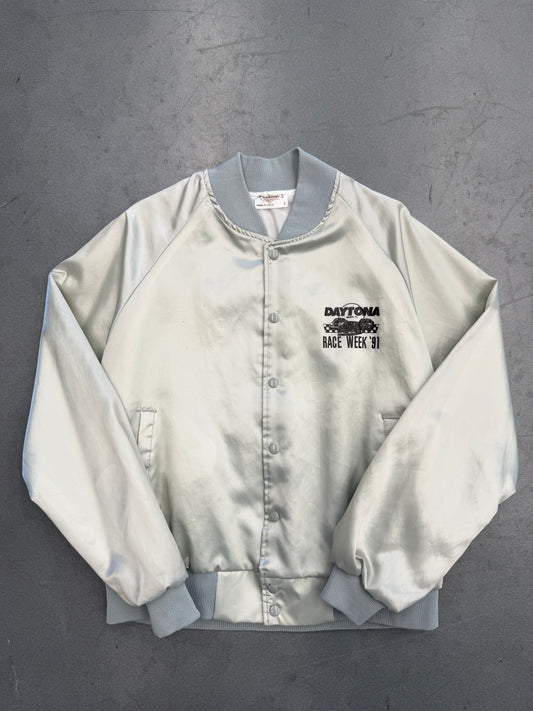 1991 RACE WEEK DAYTONA BEACH FLORIDA GREY SATIN SNAP VARSITY JACKET