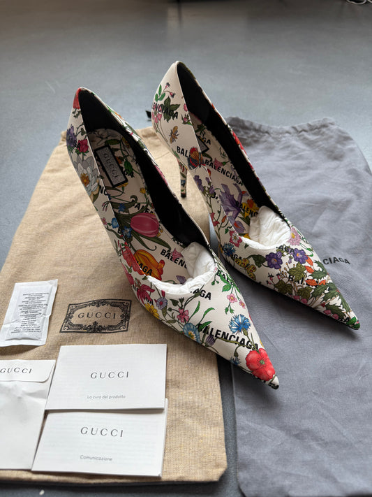 SIZE 40 FW21 GUCCI X BALENCIAGA THE HACKER PROJECT KNIFE PUMPS FLORA LEATHER HEELS (LIGHTLY PRE-OWNED WITH DUSTBAG) (TANIA)