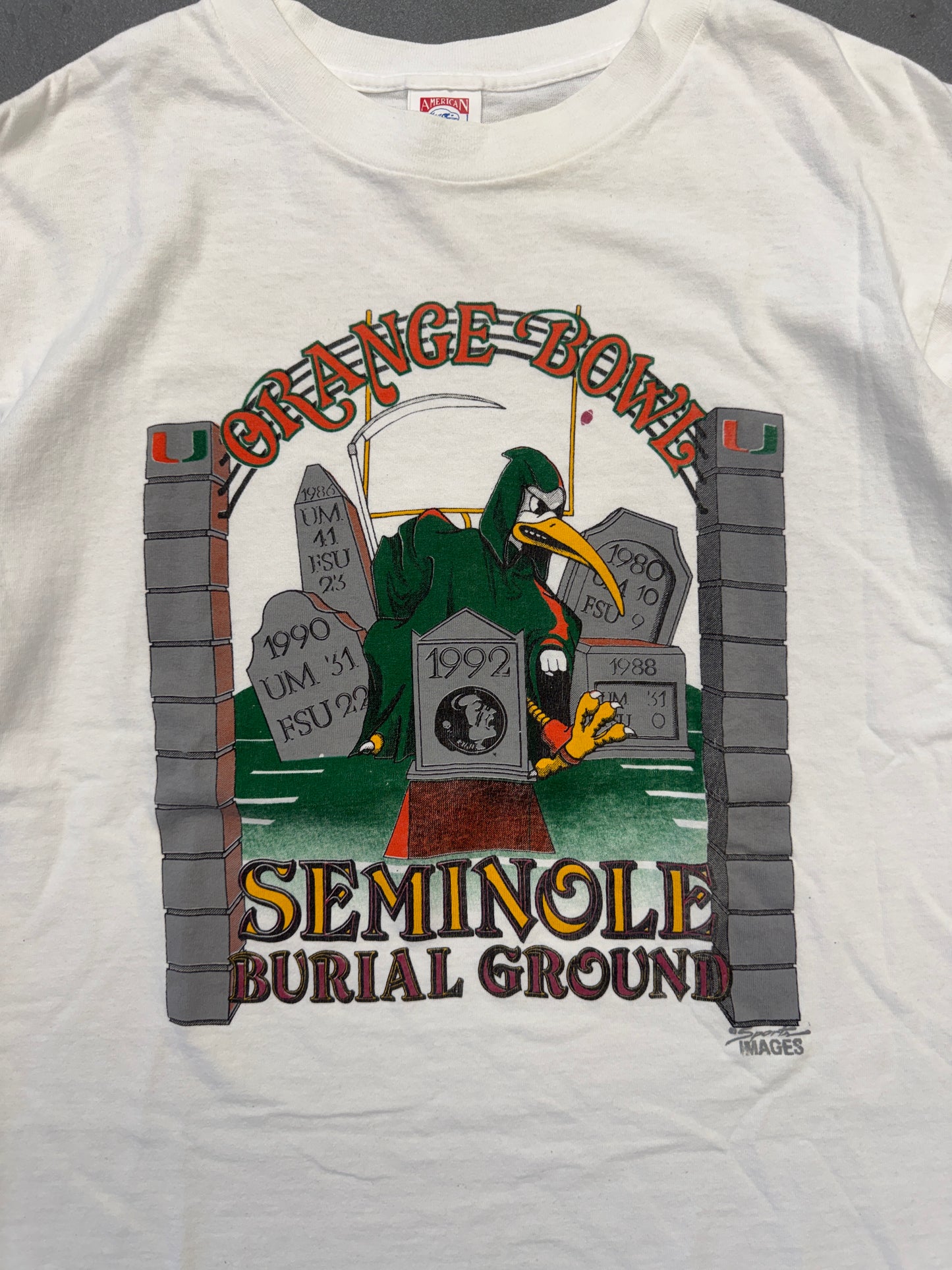 1992 ORANGE BOWL MIAMI HURRICANES "SEMINOLE BURIAL GROUND" REAPER TEE (AMERICAN EAGLE TAG)