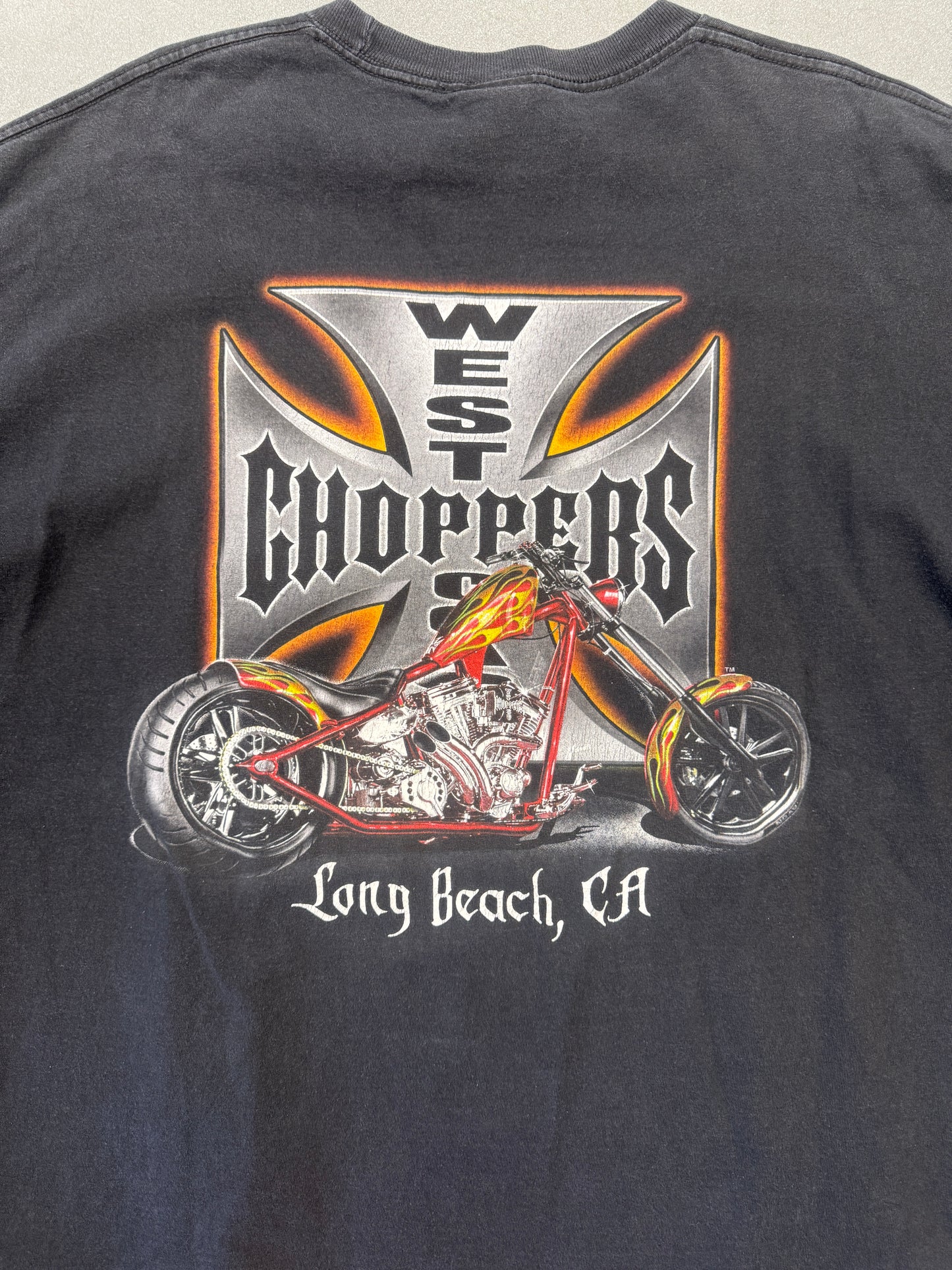 Y2K WEST COAST CHOPPERS LONG BEACH, CA GOLD-OUTLINE IRON CROSS-SLEEVE LS TEE (JESSE WHO? TAG)