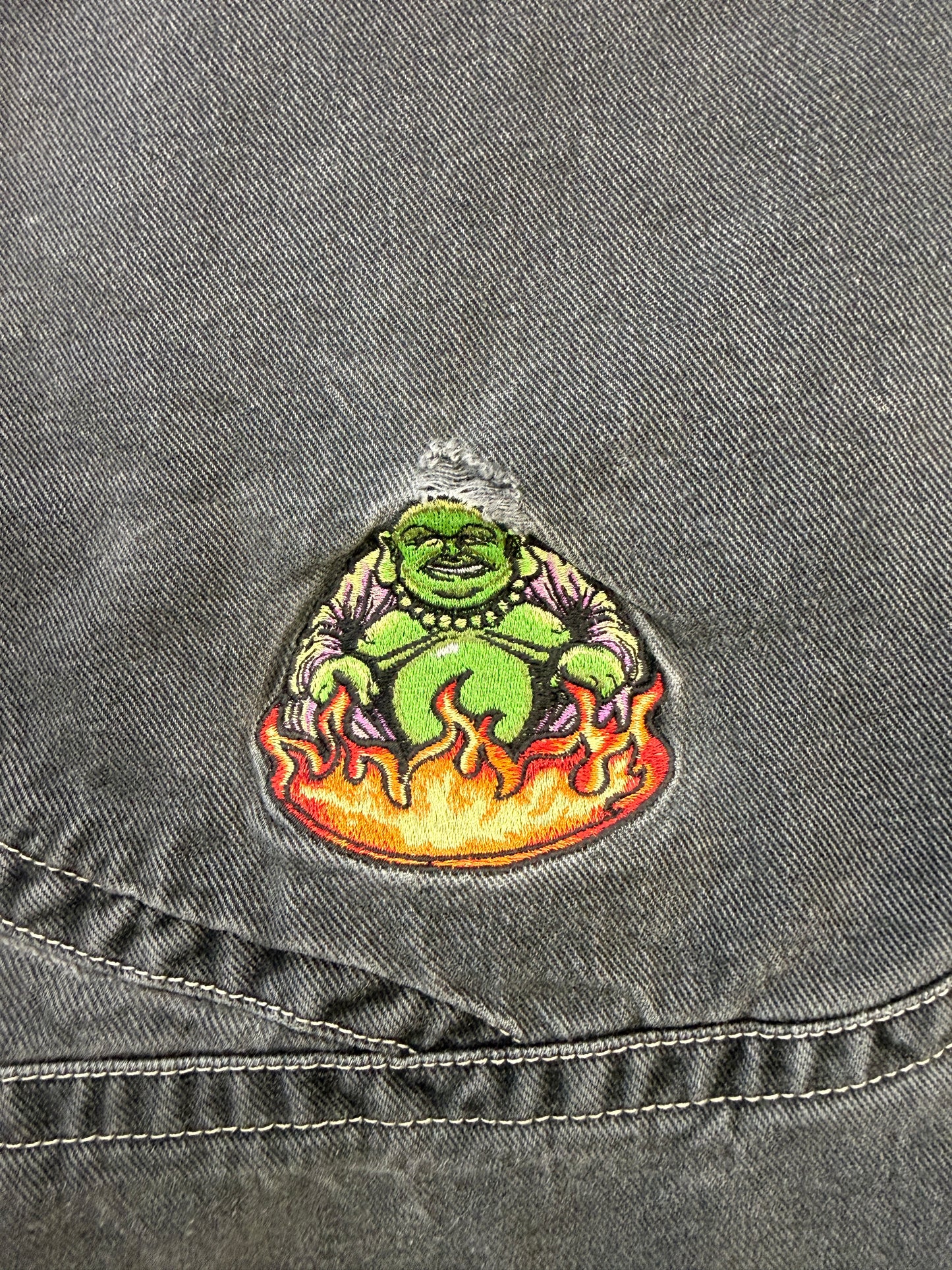 Y2K JNCO GREEN PIPELINE BLACK BAGGY DENIM FLAMING BUDDHA