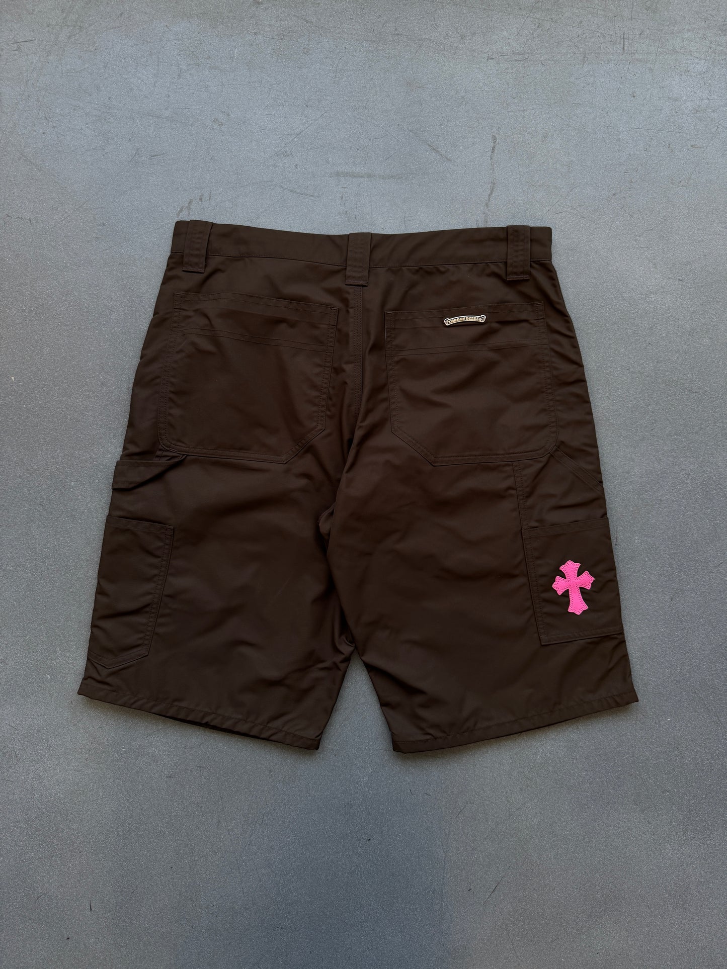 CHROME HEARTS LEATHER DOUBLE KNEE NYLON BROWN CARPENTER SHORTS LUCKY PINK PATCH (32)