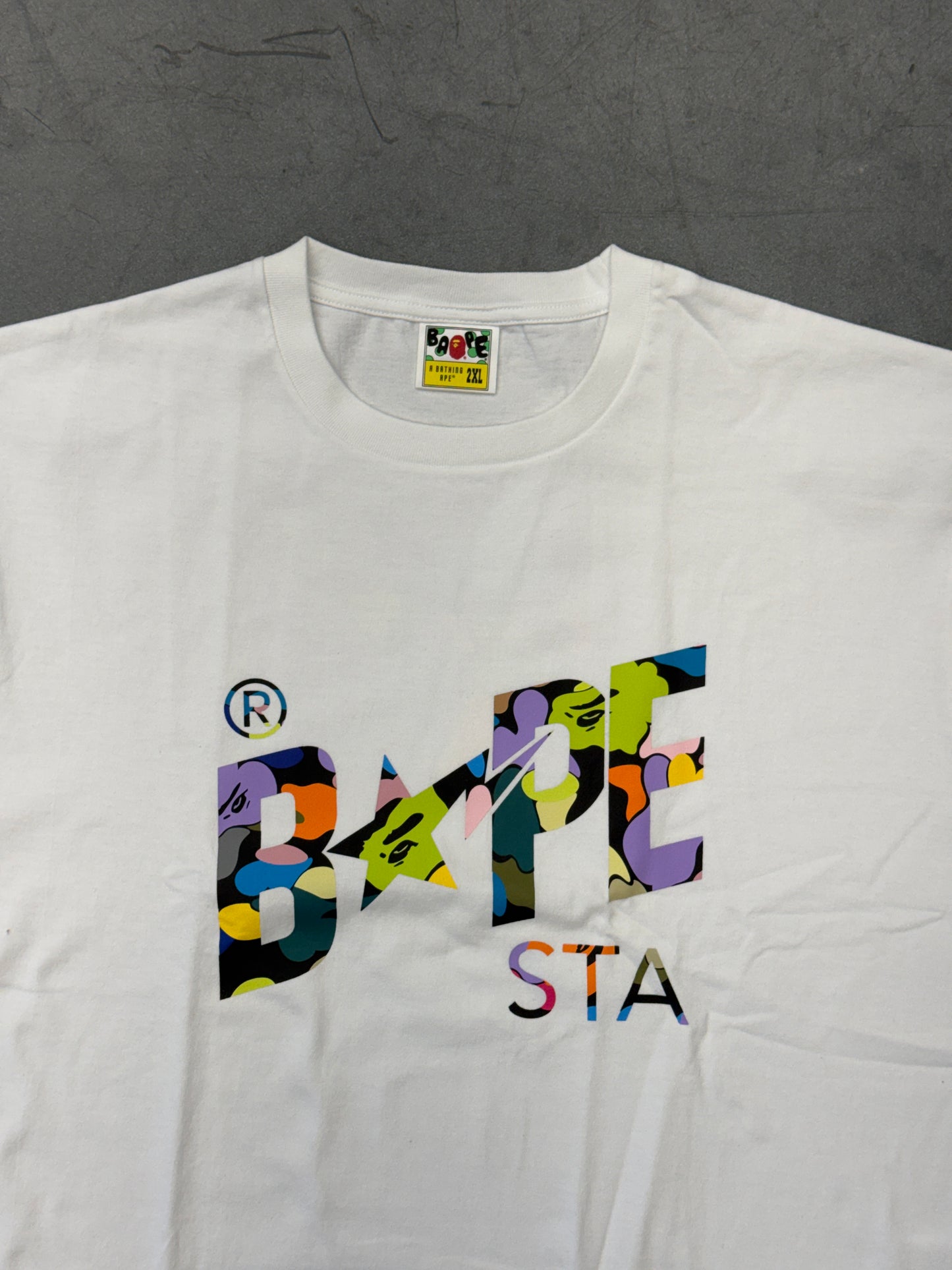 A BATHING APE BAPE MIXED CAMO COLLEGE BAPE LOGO TEE WHITE