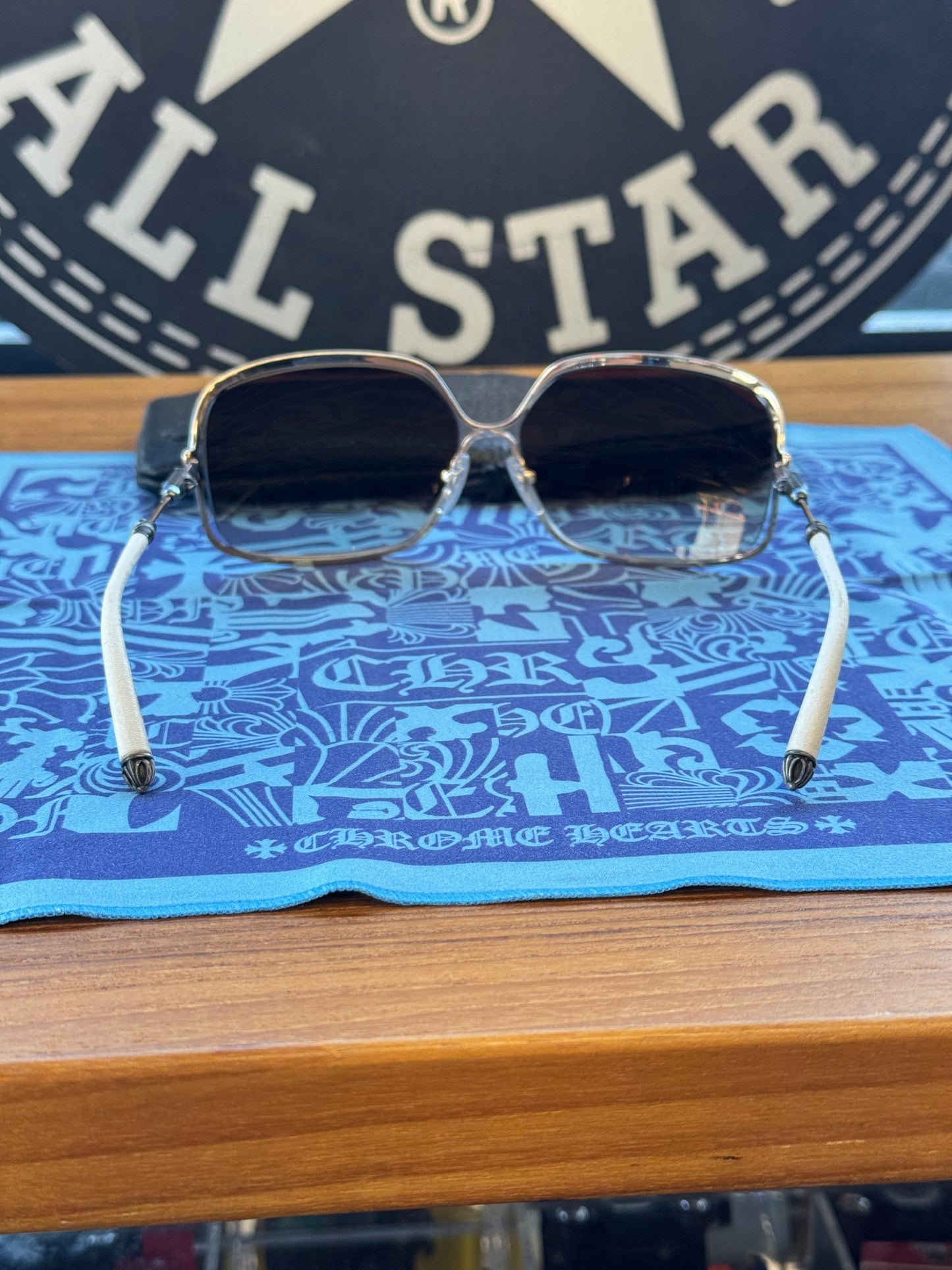 CHROME HEARTS BUTTFLUX SUNGLASSES (SILVER + LEATHER HANDLES)