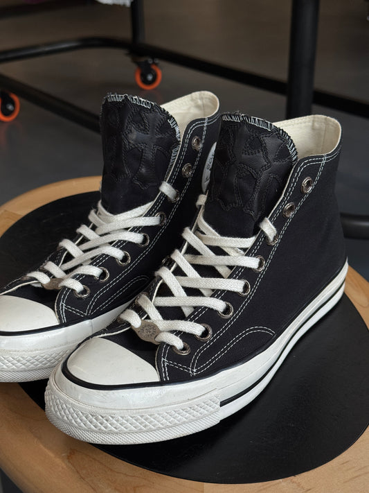 SIZE 10 CHROME HEARTS LEATHER CROSS PATCH CONVERSE BLACK ALL-STAR HIGH (PRE-OWNED NO BOX)