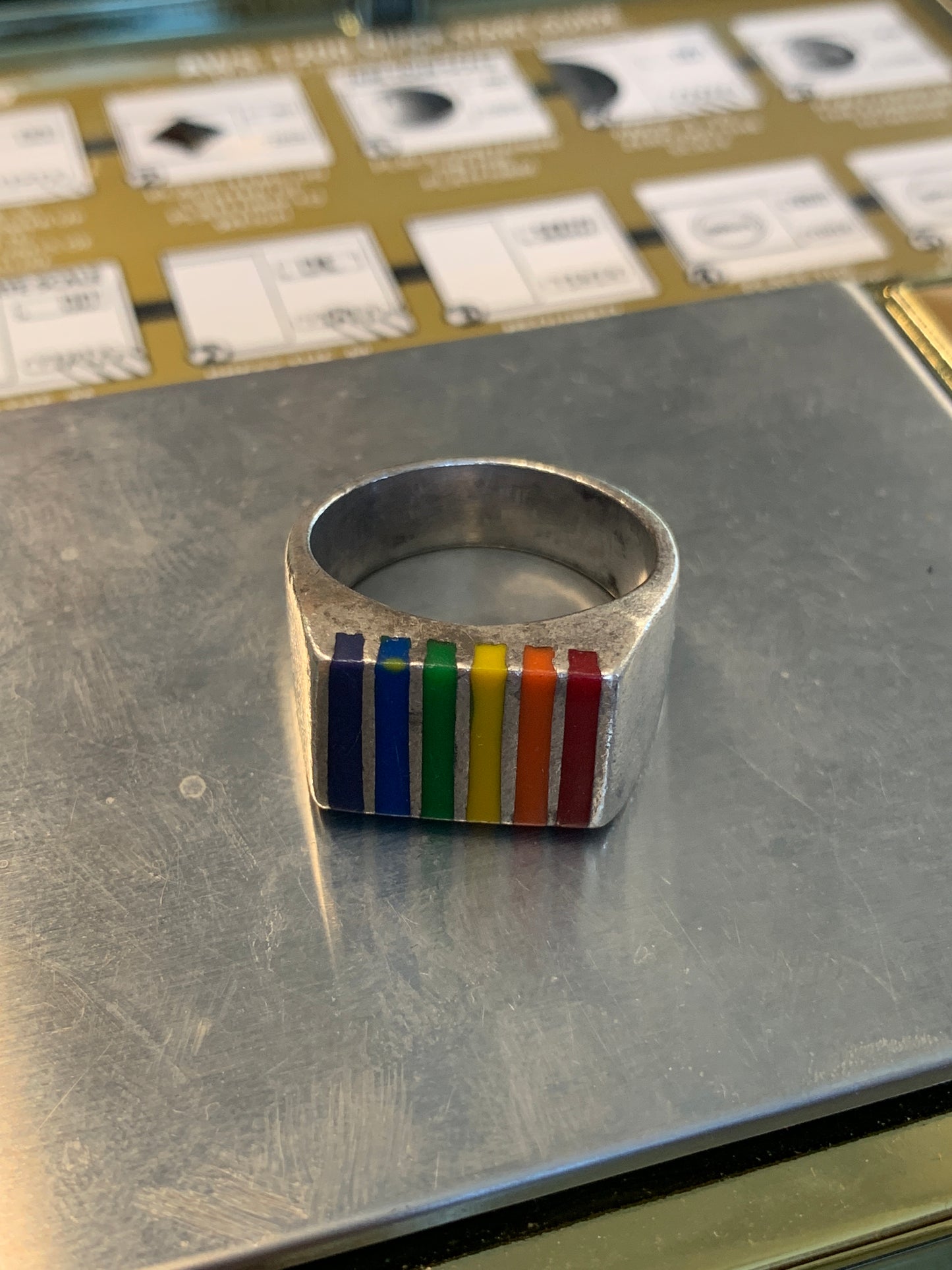 NATIVE AMERICAN RAINBOW INLAY SILVER RING (14.8 GRAMS)