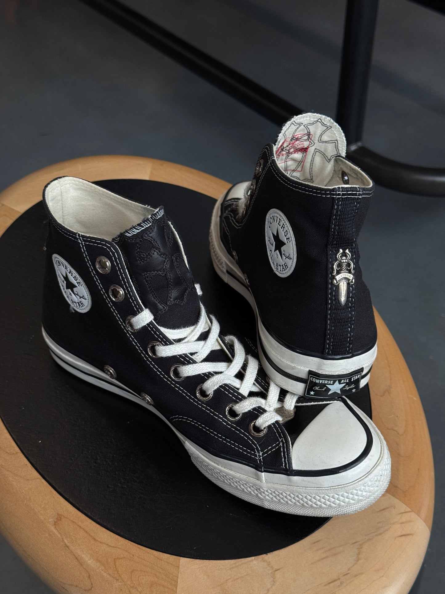 SIZE 10 CHROME HEARTS LEATHER CROSS PATCH CONVERSE BLACK ALL-STAR HIGH (PRE-OWNED NO BOX)