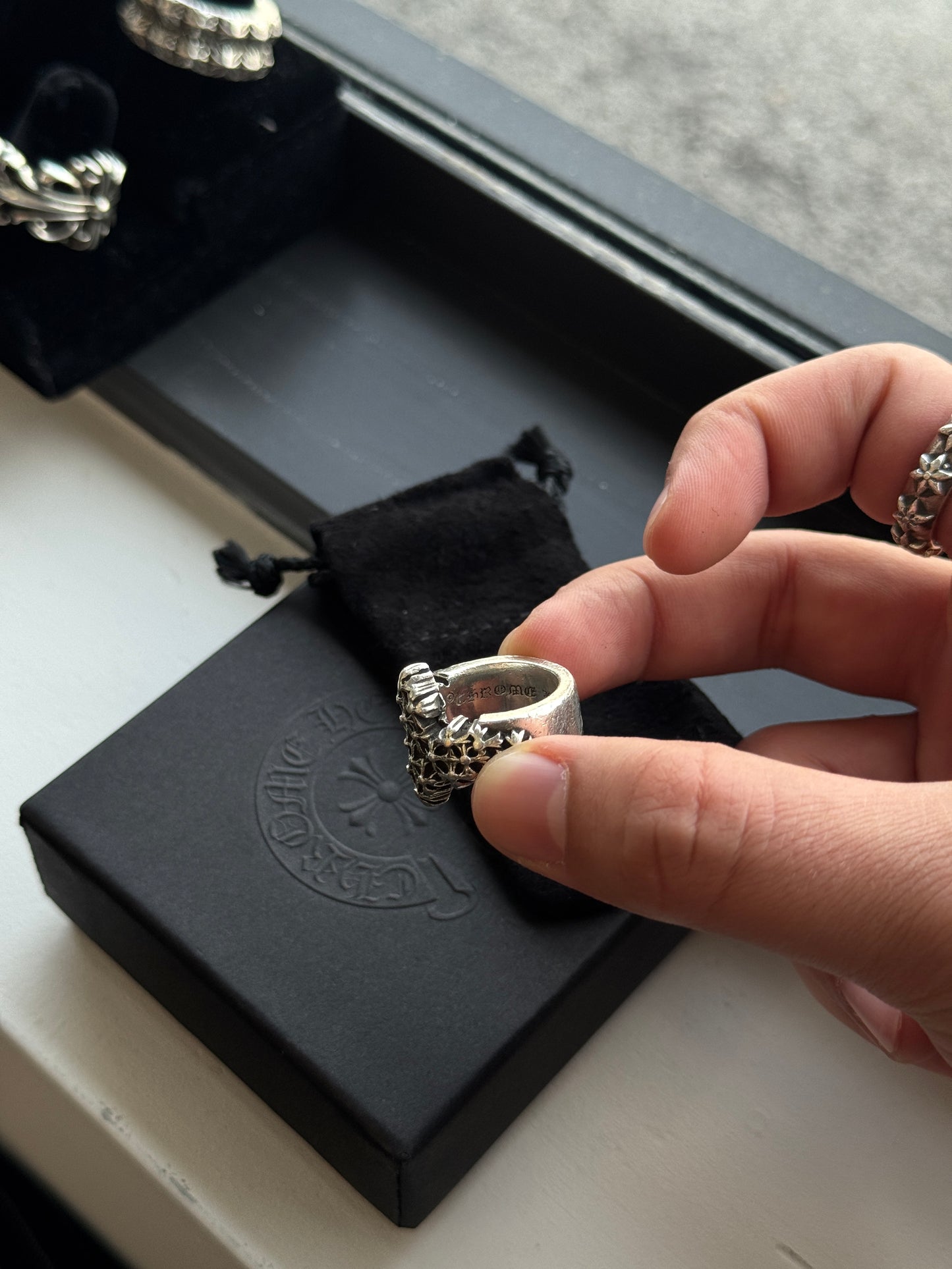 CHROME HEARTS CEMETARY POINTER SILVER RING (SIZE 6.5) (18.2 GRAMS)