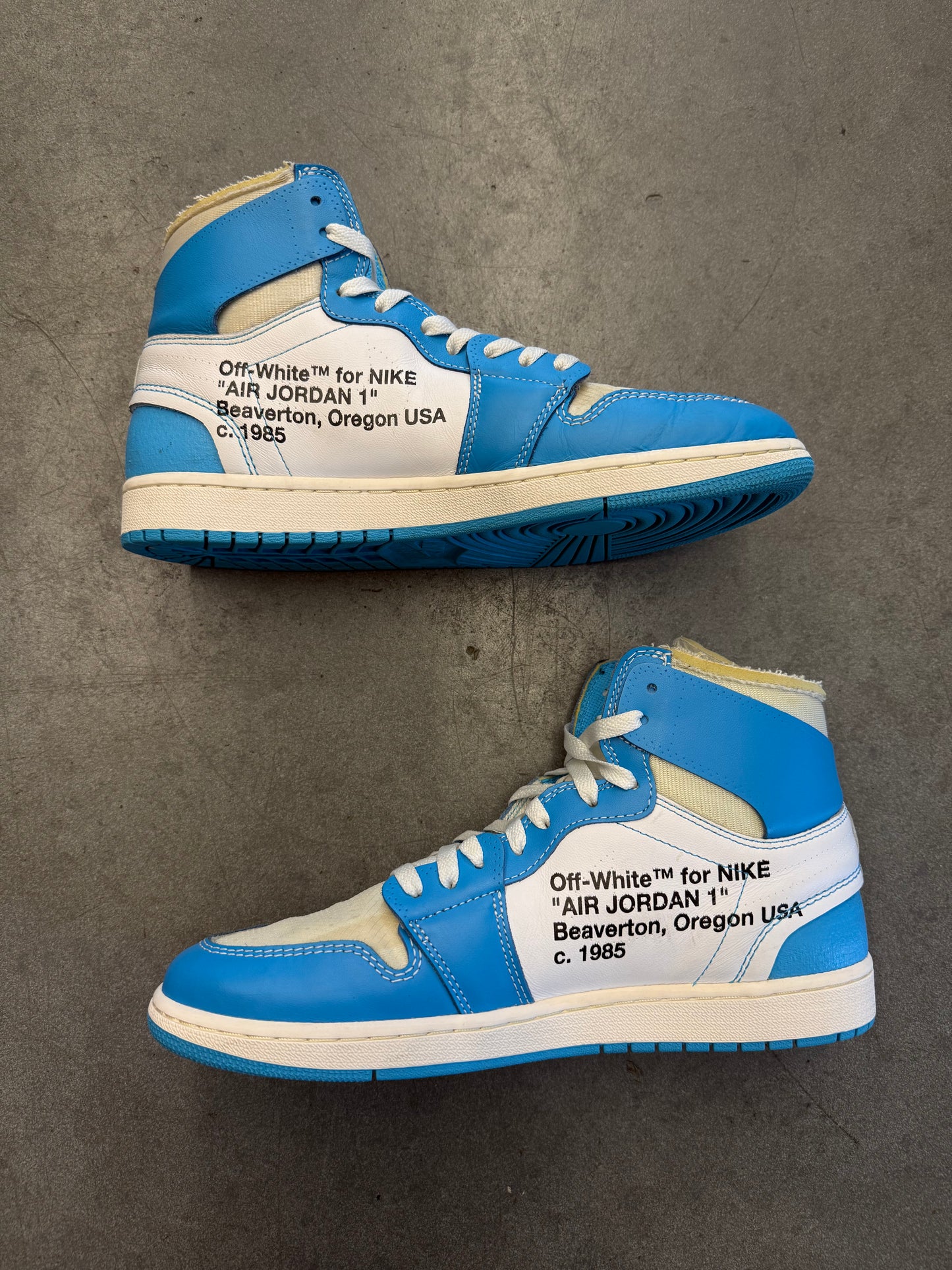2018 SIZE 10.5 OFF-WHITE JORDAN 1 UNIVERSITY BLUE (PRE-OWNED NO BOX/LACES)