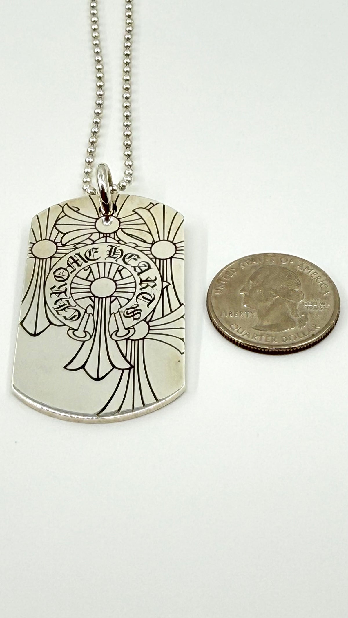 CHROME HEARTS GOD BLESS THE WORLD SILVER DOG TAG WITH 30 INCH SILVER BALL CHAIN