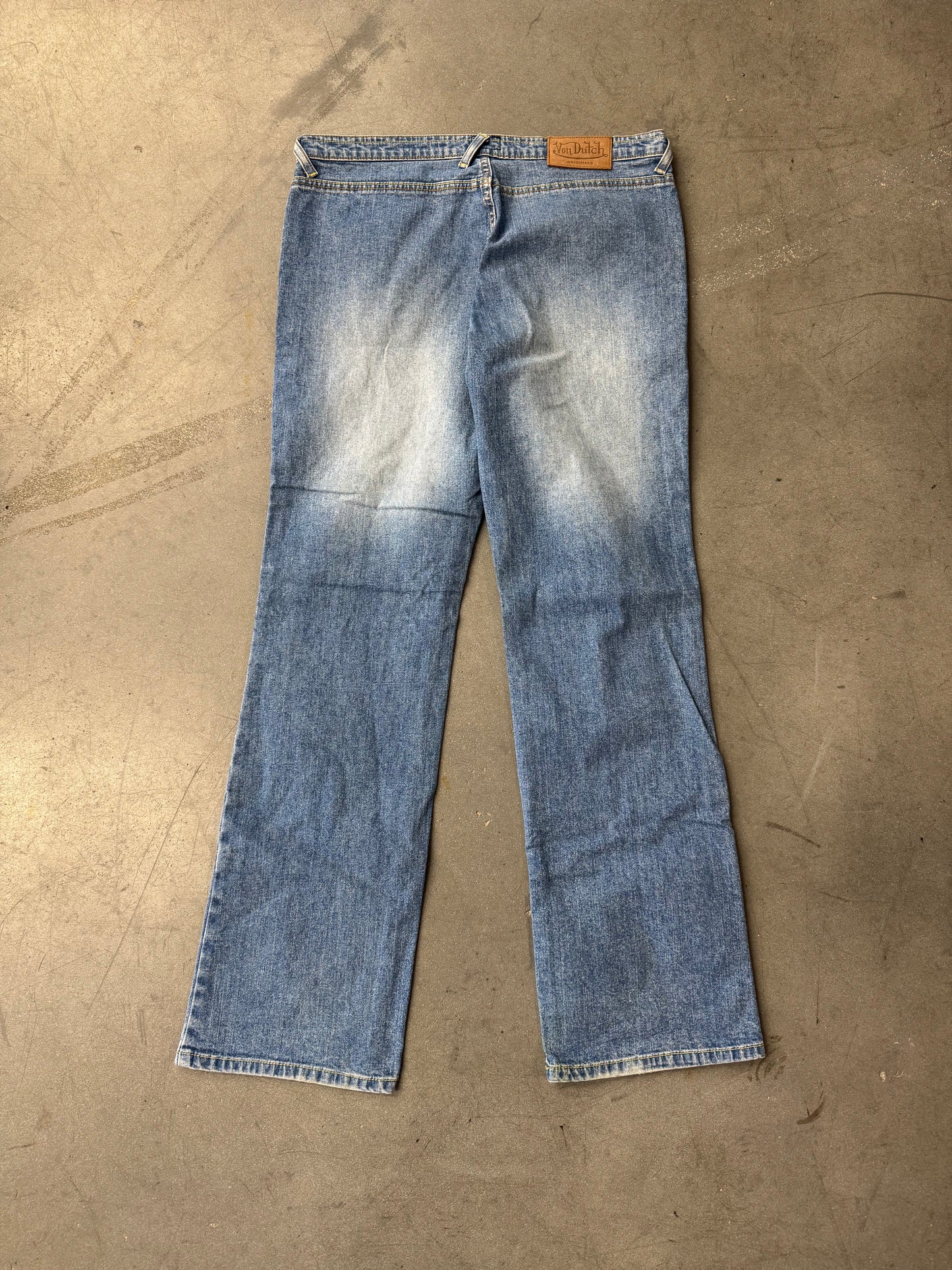 Y2K VON DUTCH ORIGINALS PAINTED GRAFFITI BLUE WIDE LEG JEANS