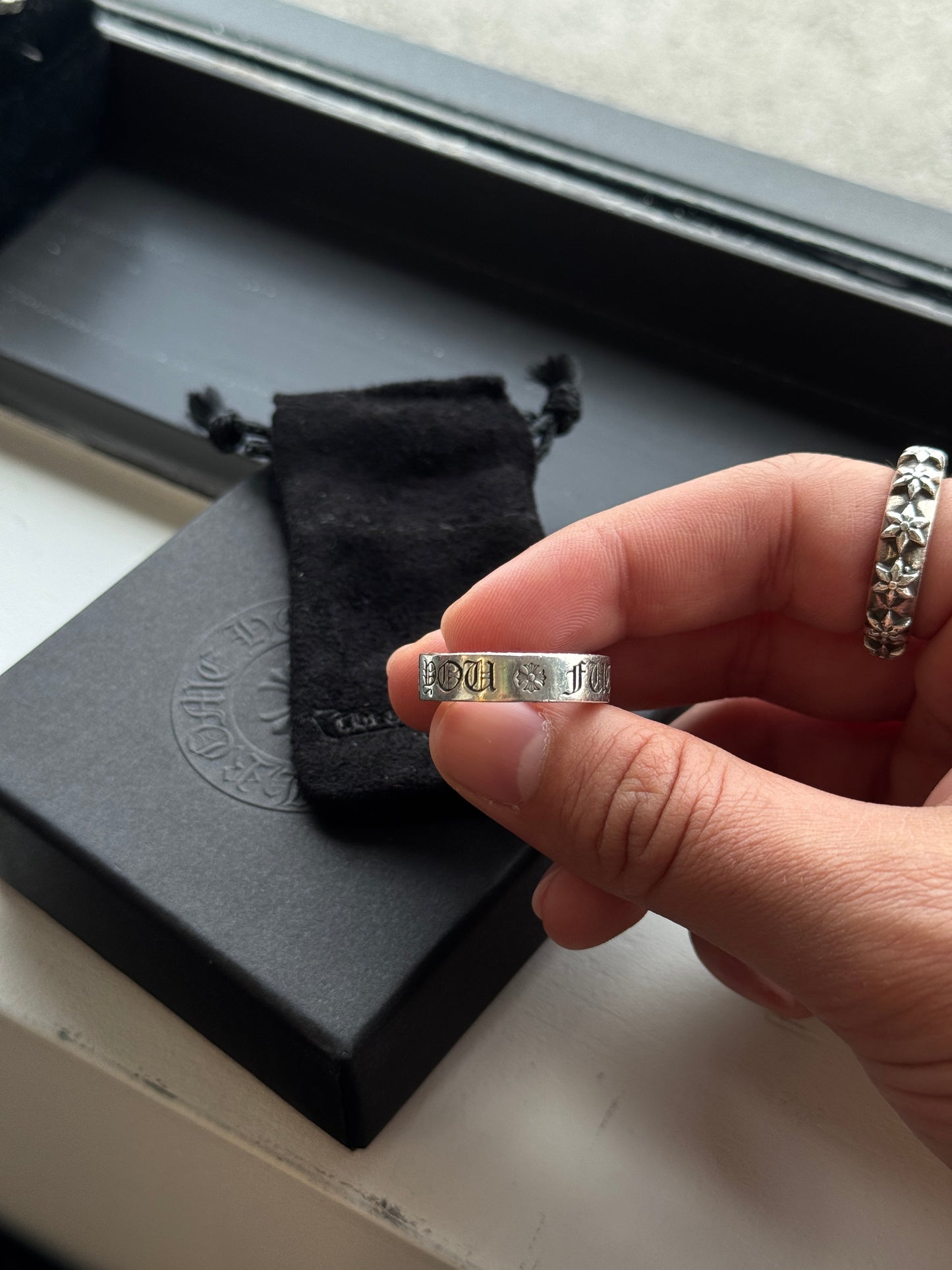 CHROME HEARTS DIAMOND FUCK YOU SPACER SILVER RING (SIZE 9) (10.5 GRAMS)