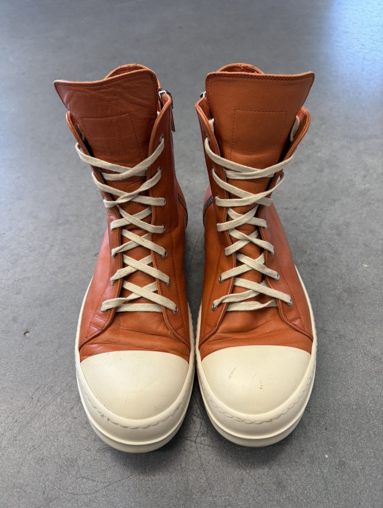 SIZE 45 RICK OWENS ORANGE RAMONE MAINLINE ORANGE LEATHER HIGH TOP (PRE-OWNED, NO BOX)